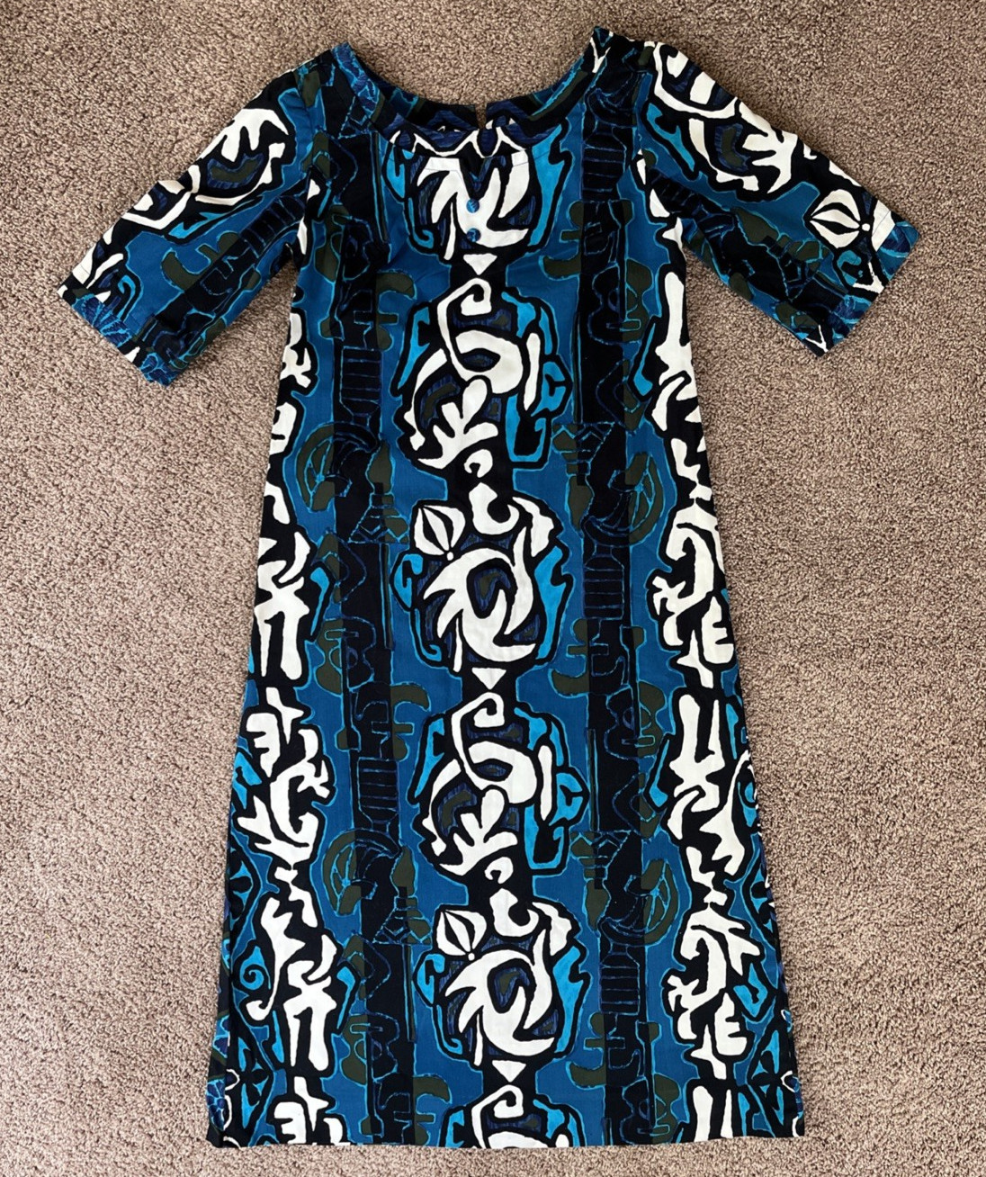 Hawaii Resort Shop Blue Geometric Midi Cotton Hawaiian Aloha Dress-32″ Chest
