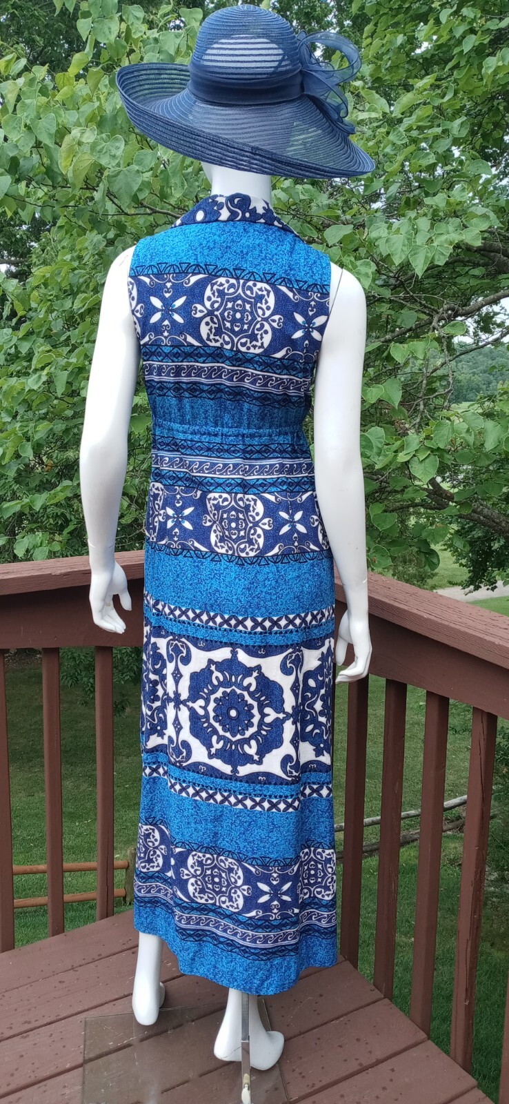 Penneys Hawaii VTG Small Barkcloth Maxi Dress Blue Tropical Sleeveless Collared