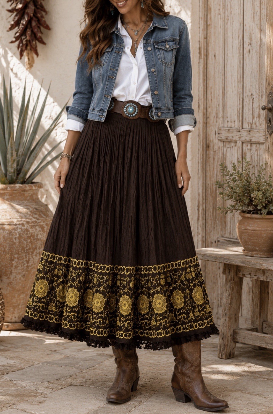 VTG Double D Ranch Wear Crinkle Tier Broomstick Skirt Embroidery Tassel Fringe M