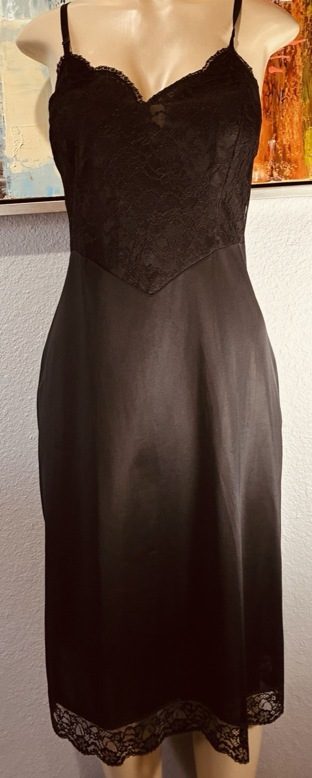 Vtg Vanity Fair Black Nylon Wide Bodice Lace Slip 38