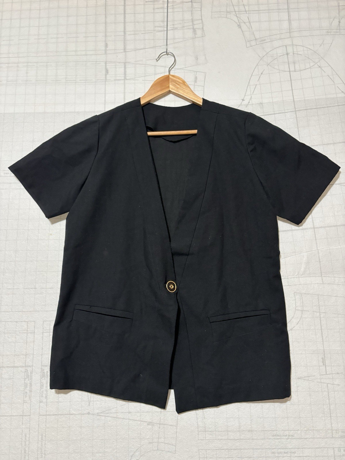 Womens Vintage One Button Padded Shoulder Blazer Black Size Large Linen