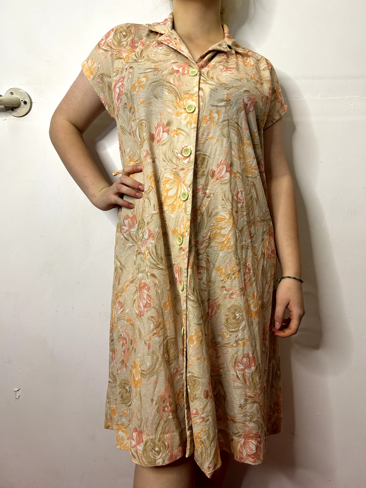 Vintage Australian 1970s Doratex Floral Shirtdress Button Down Pink Orange AU 14