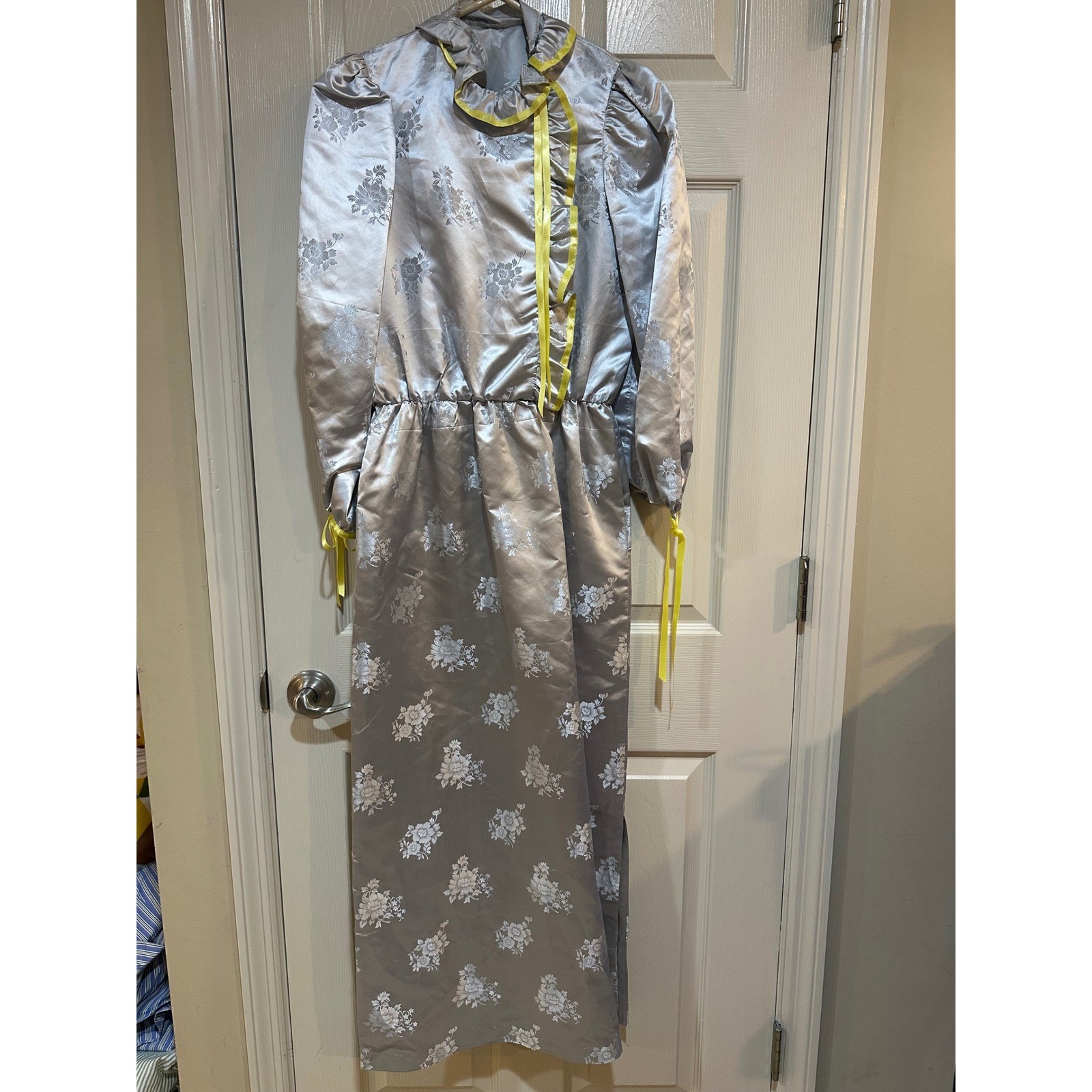 Vintage Silver Floral Damask Maxi Dress Yellow Ribbon Ruffle Collar Handmade