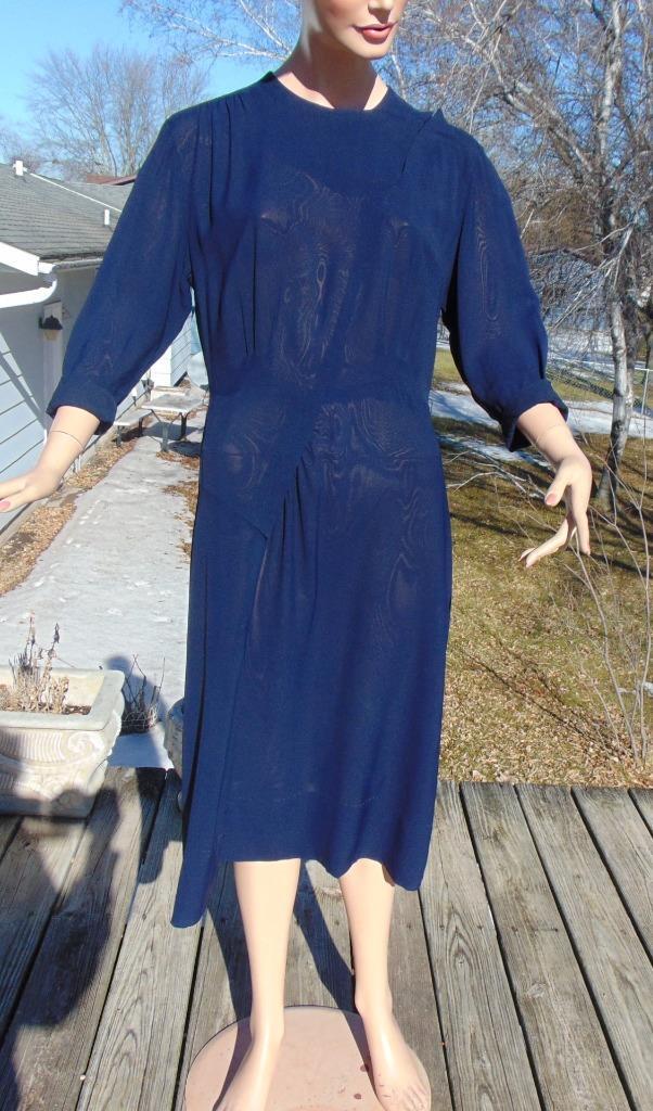 VTG 40s Blue Rayon Crepe Dress Lots of neat 40s details XL 42B