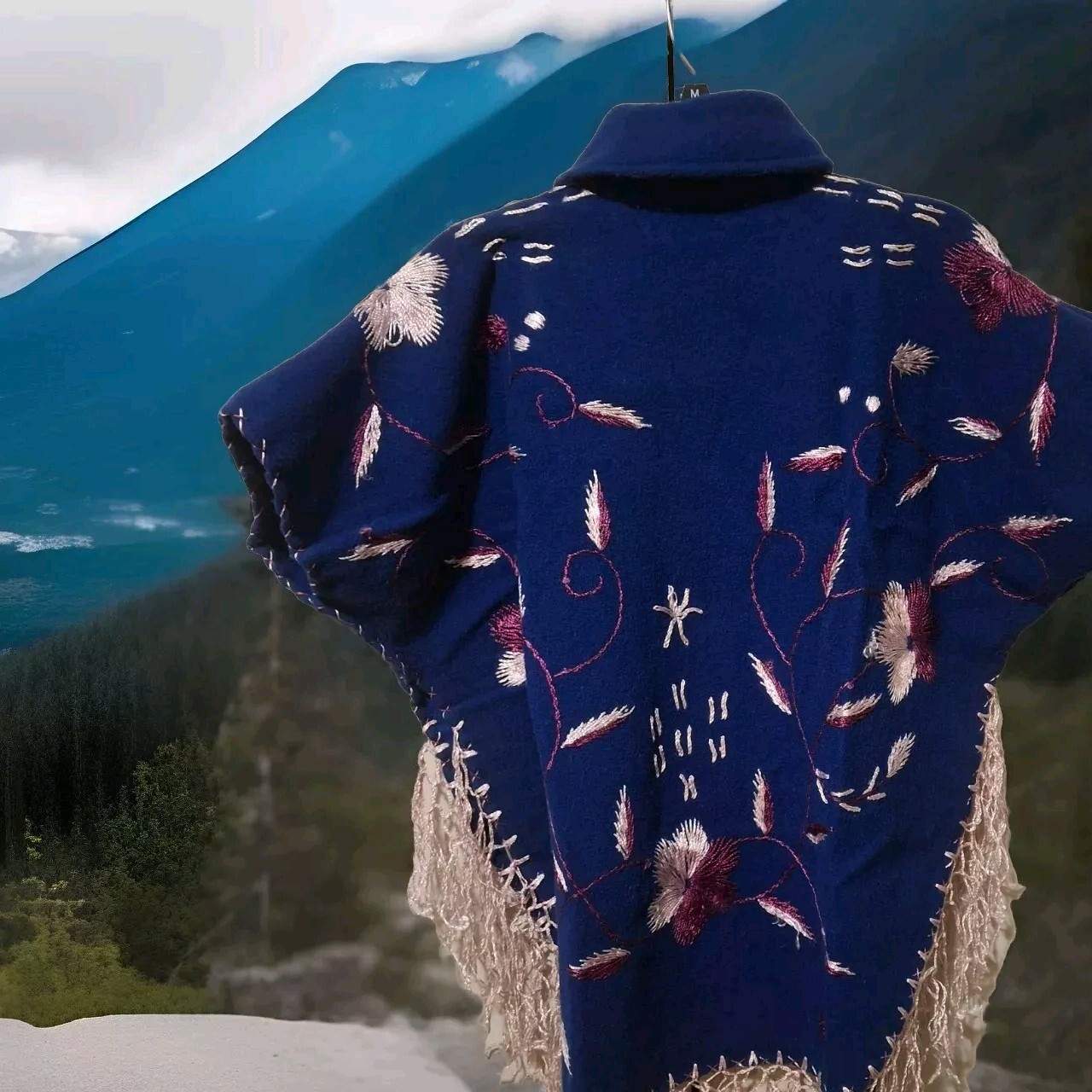Indigo Floral Fringe Poncho Medium Vintage