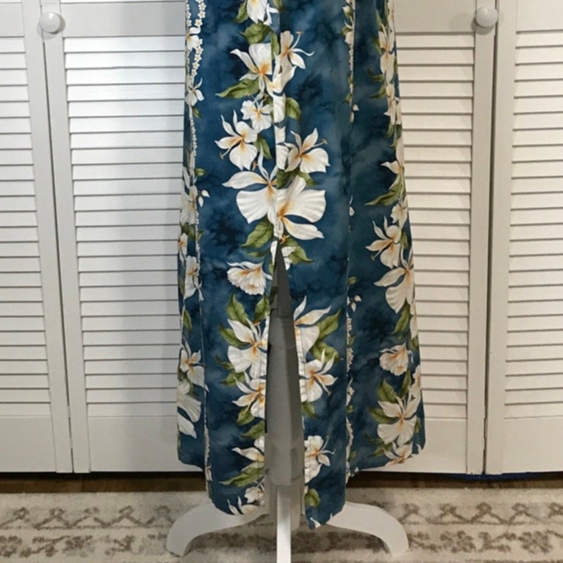 Jade Fashions Vintage Blue Hawaiian White Ginger Tank Maxi A-line Dress Women L
