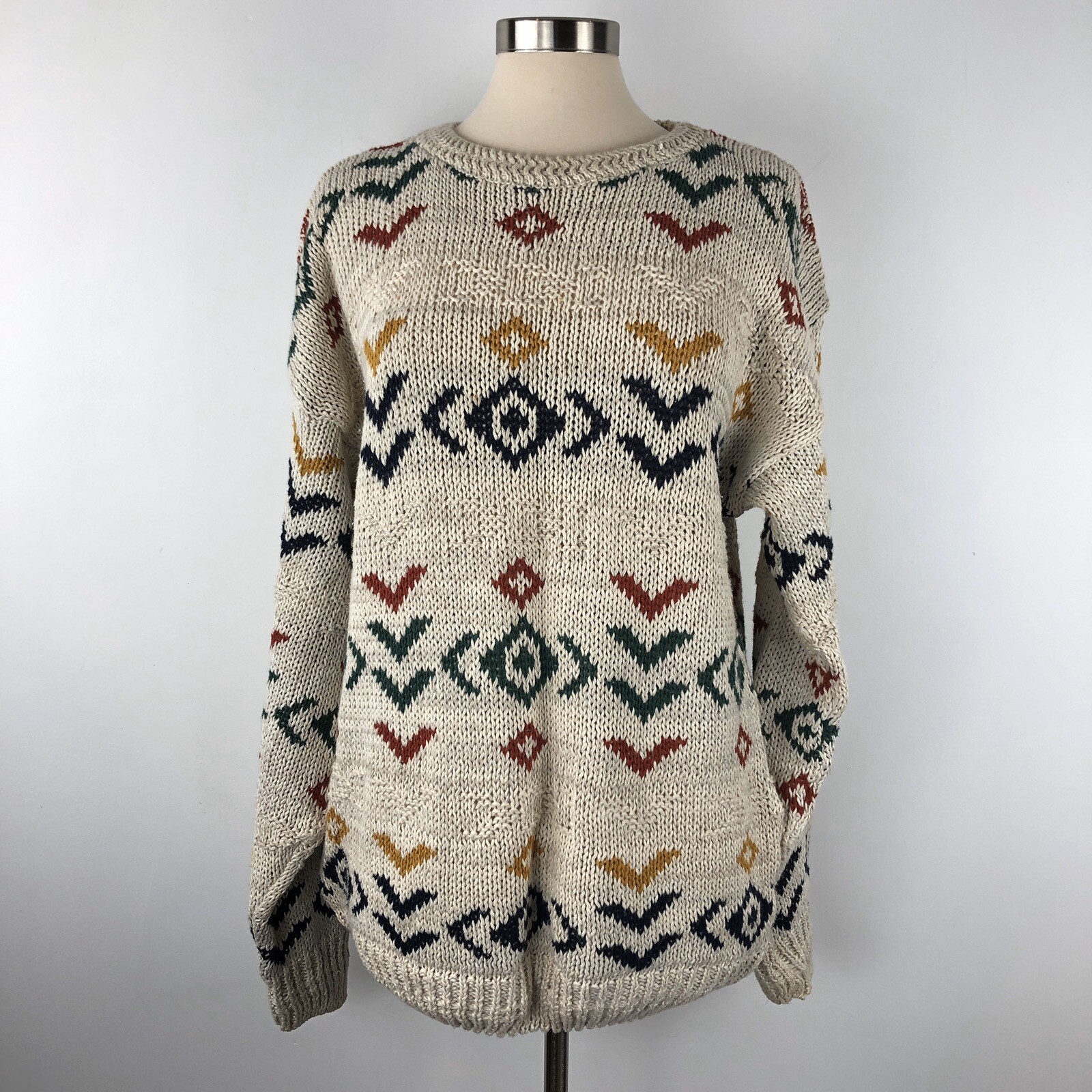 80s 90s Vintage Body Equip Beige Aztec Geometric Knit Pullover Sweater L VXXV V2
