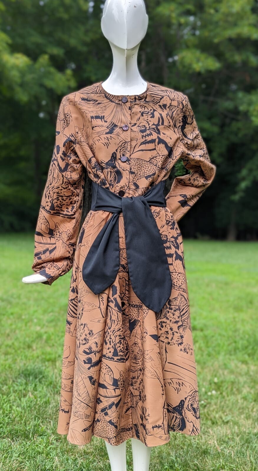 VINTAGE 1980’S WILD TIGER BLACK PANTHER BABOON ANIMAL PRINT DRESS W WIDE BELTING