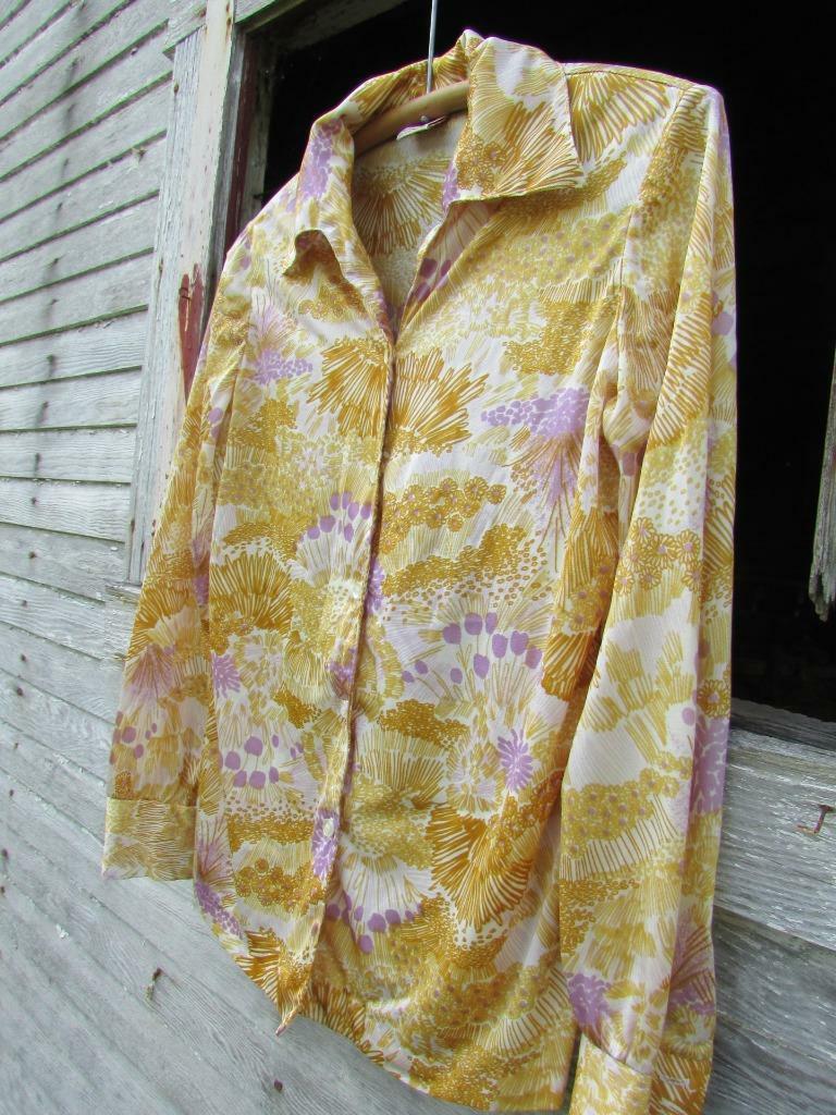 Vintage Graff Californiawear blouse shirt top silky poly golden purple floral