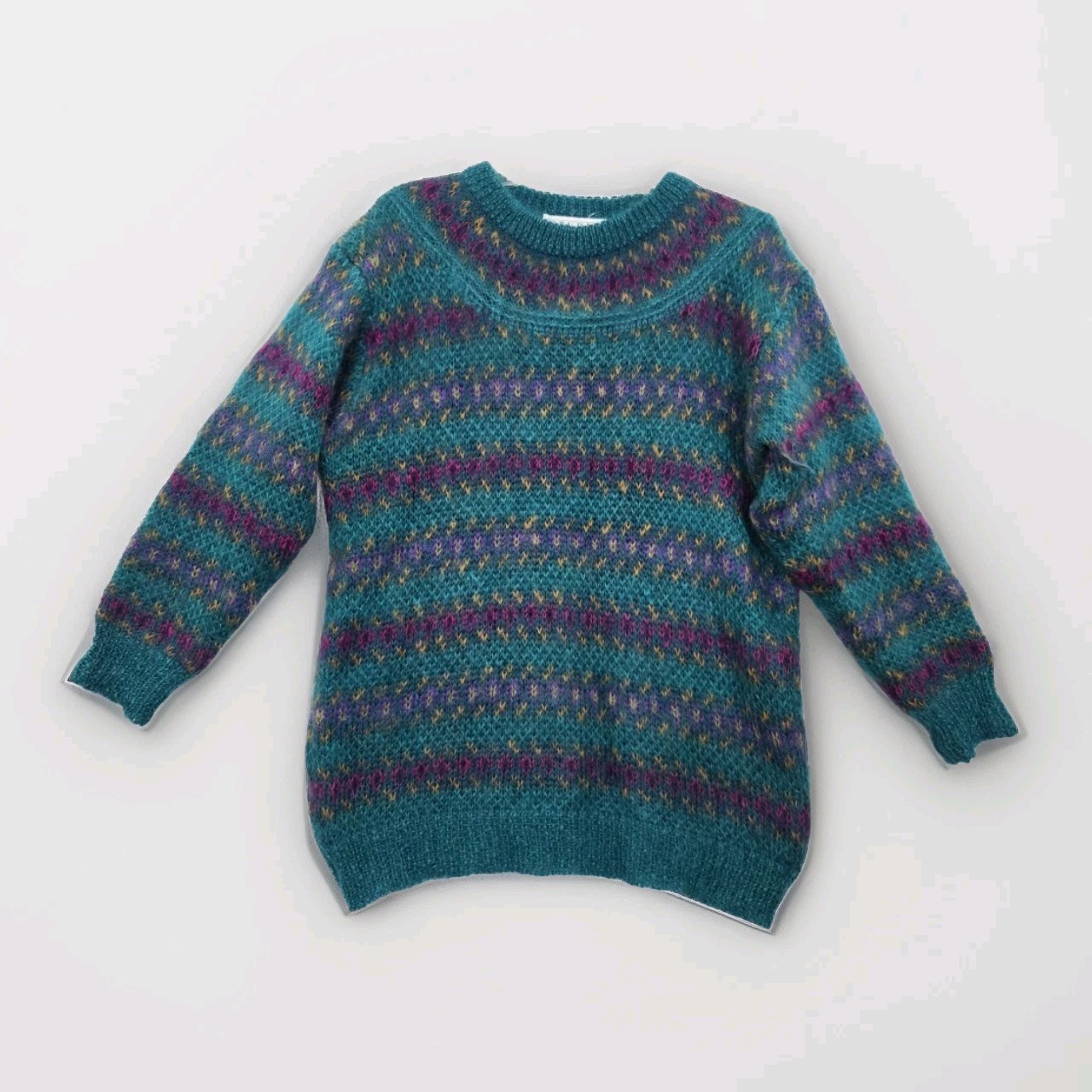 Studio Vintage 1980s 90s Teal Multi Color Pullover Sweater sz M