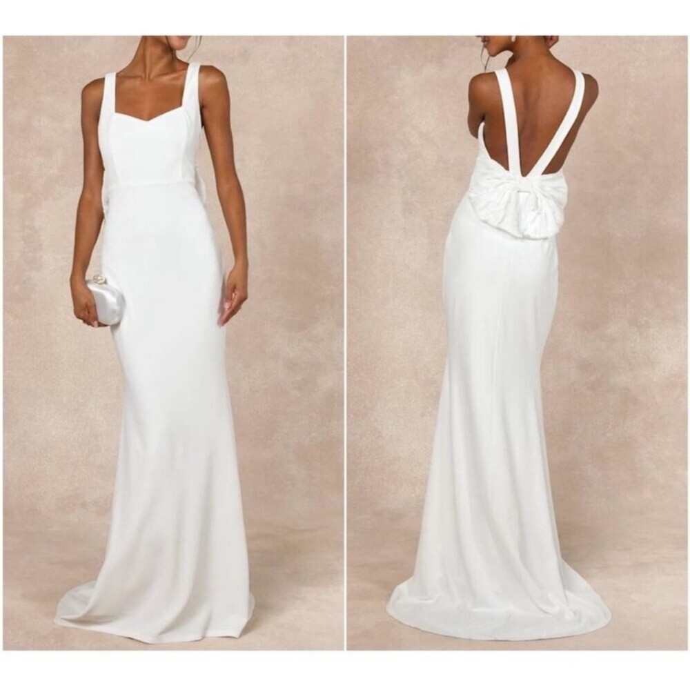 NWT- Romantic Glow White Backless Pearl Bow Maxi Dress