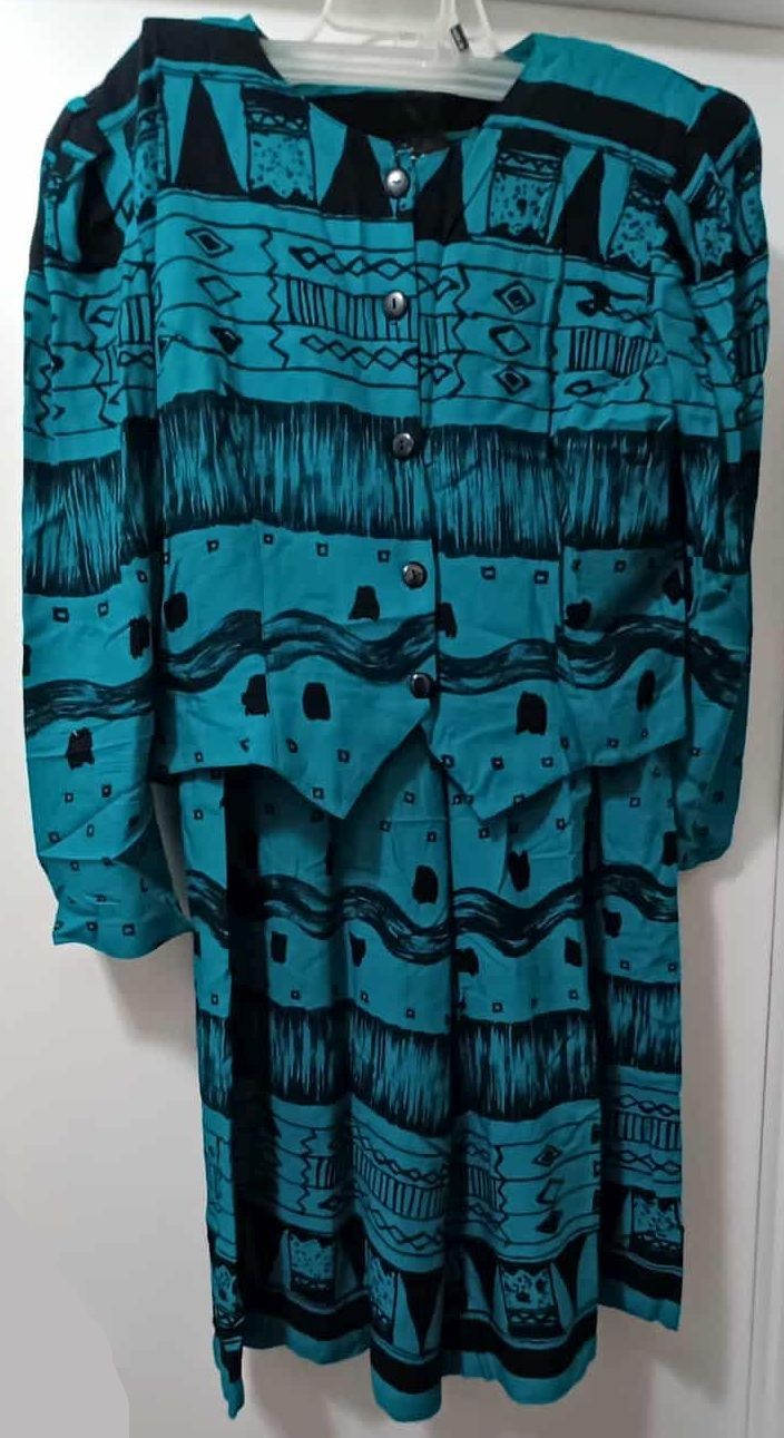 VINTAGE MACYS CHOON CALIFORNIA WOMEN’S SKIRT SUIT SZ 14 TEAL W/ BLACK GEO DESIGN