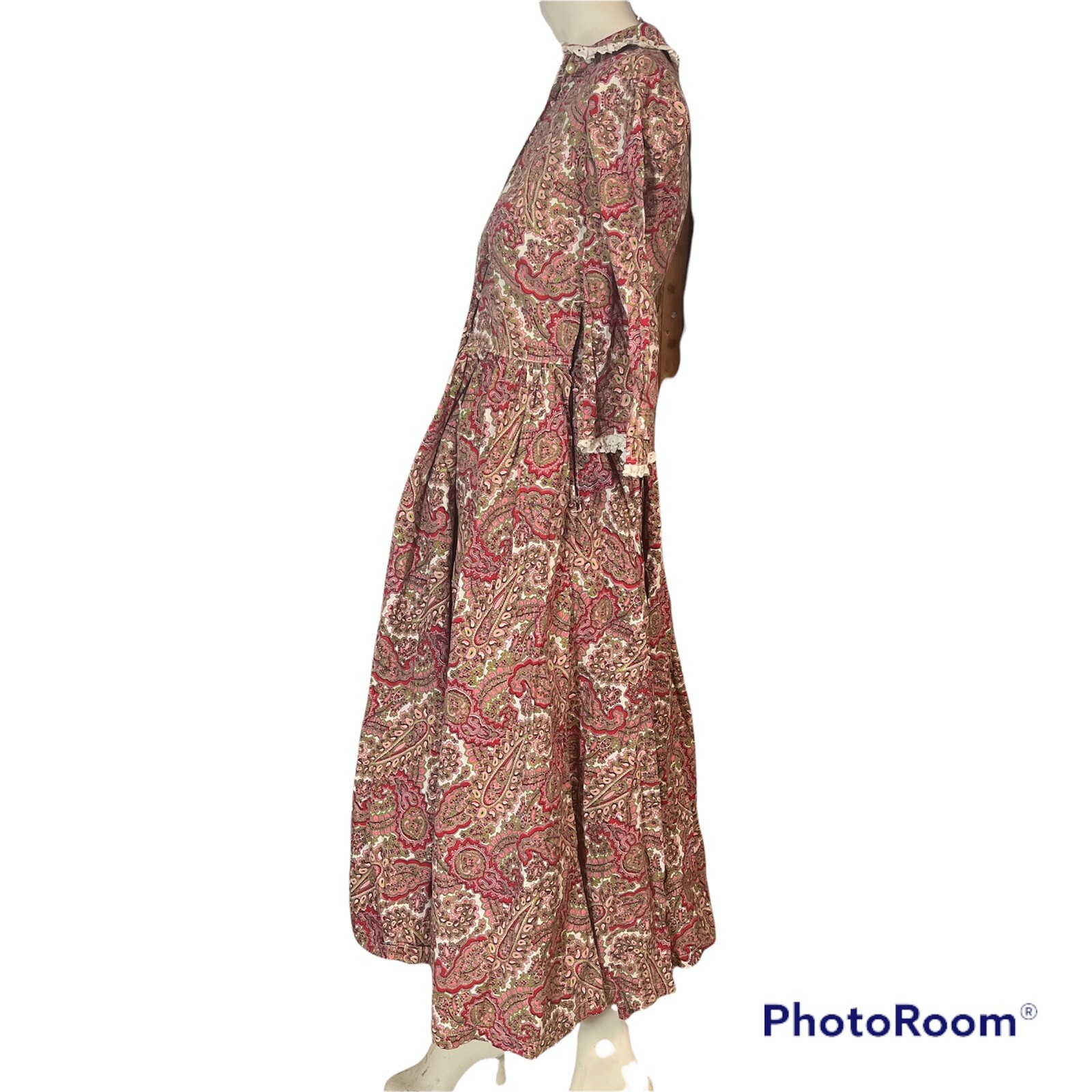 Vtg 70s Paisley Maxi Dress XS Handmade Boho Button Bodice Hippie Red Cottage