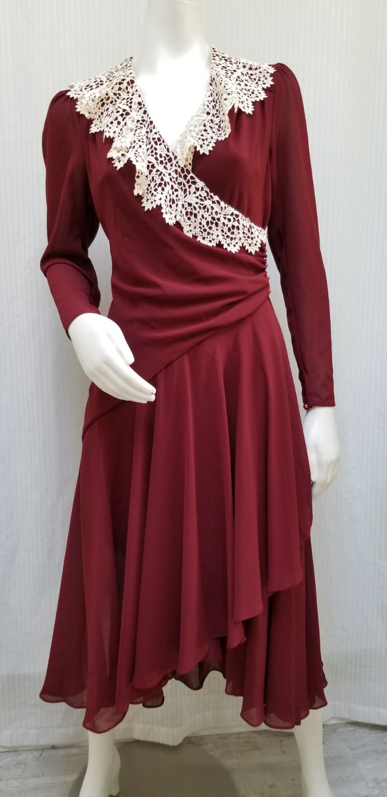 Vintage CASADEI Burgundy Chiffon Wrap Dress w/ Crochet Trim – Size S – EUC