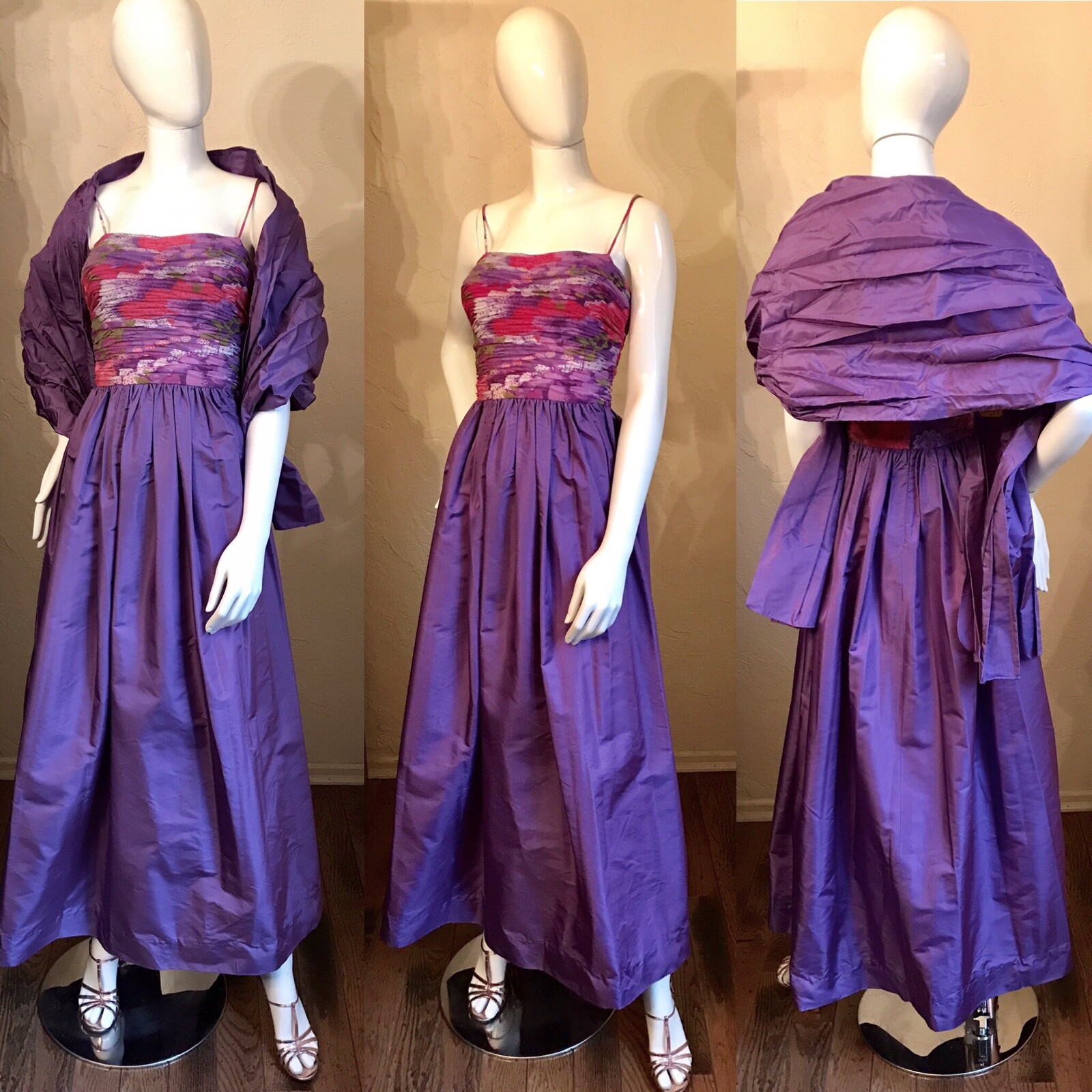 VINTAGE 1960’s Vera Hicks Mod Purple Satin Evening Gown Dress S New with tags