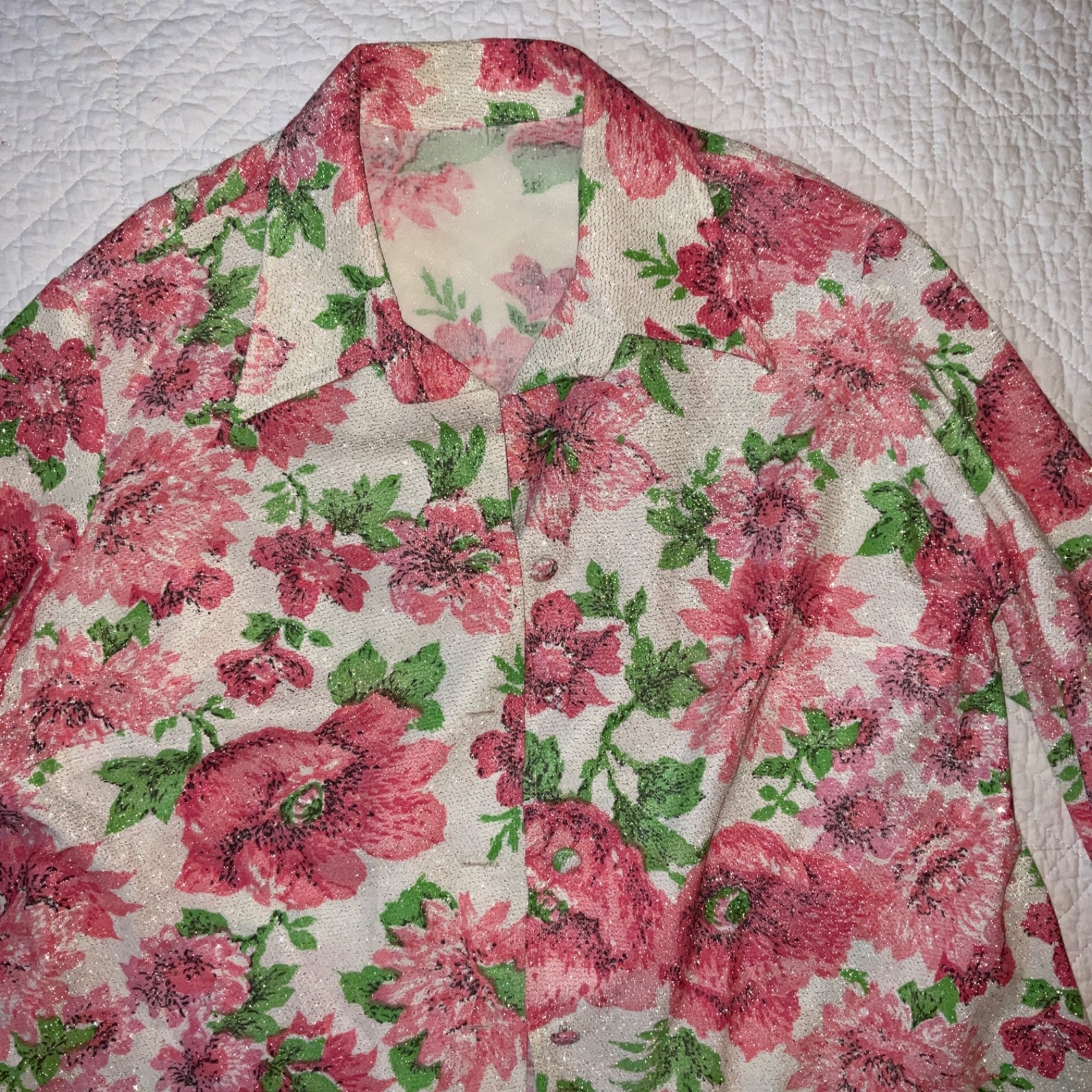 Vintage 60s maxi dress shirt set Womens size 18 XL floral metallic pink green