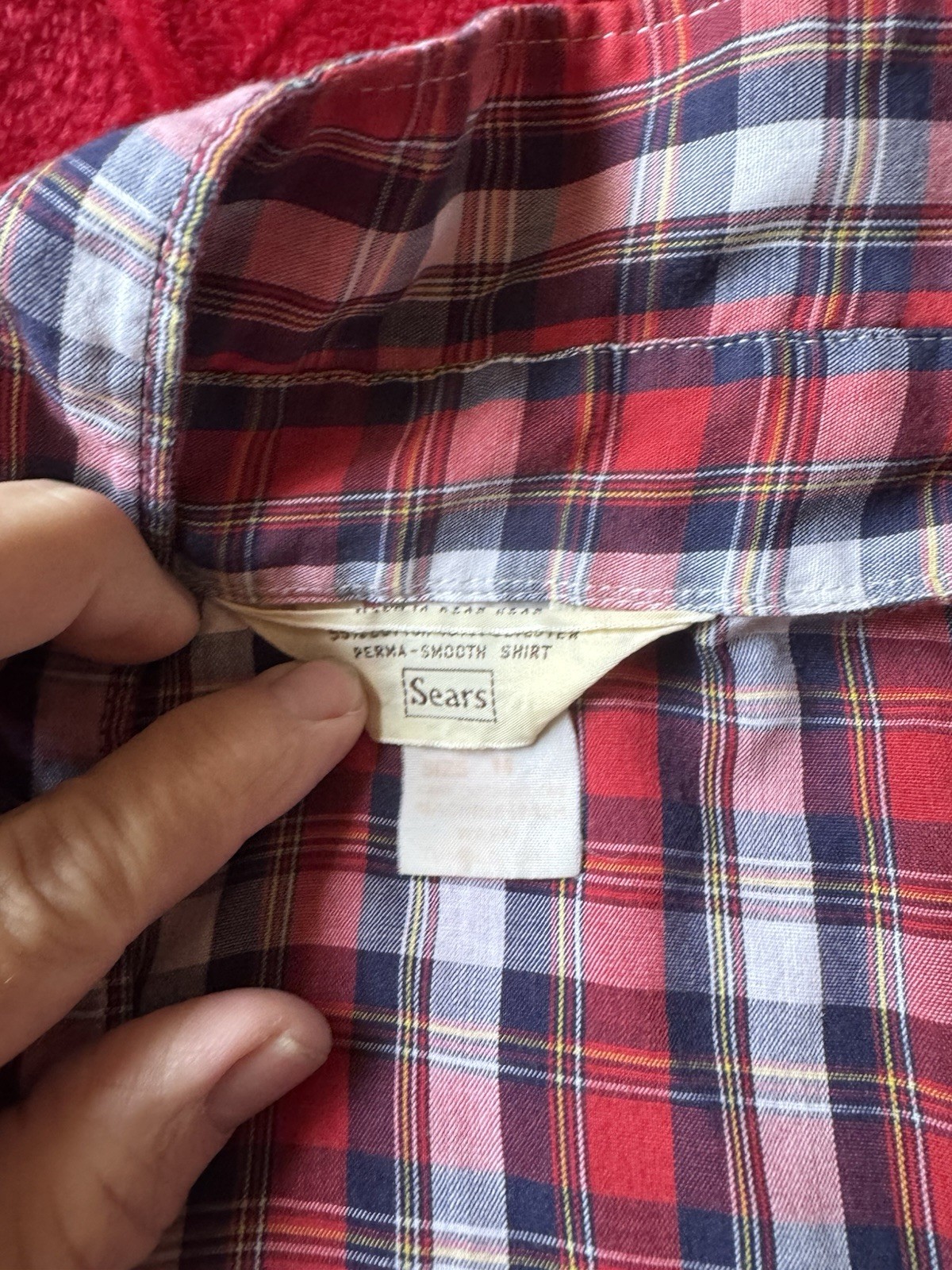 Vintage 70s Sears The Fashion Place Red Blue Plaid Button Down Shirt Size 14