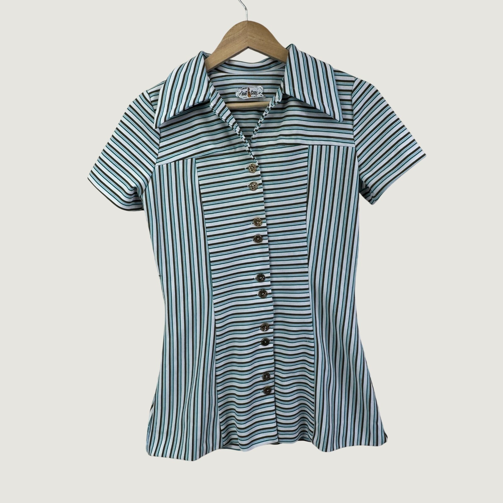 That Girl Vintage 70s Striped Dagger Collar Button Down Shirt Blue Green Mod XS