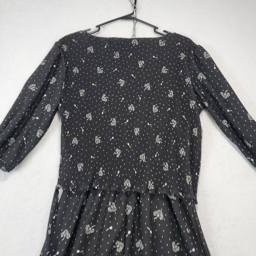 Vtg 70s Laurel Ridge Black Floral Midi Dress Smocked Overlay Top A Line Sz 15/16