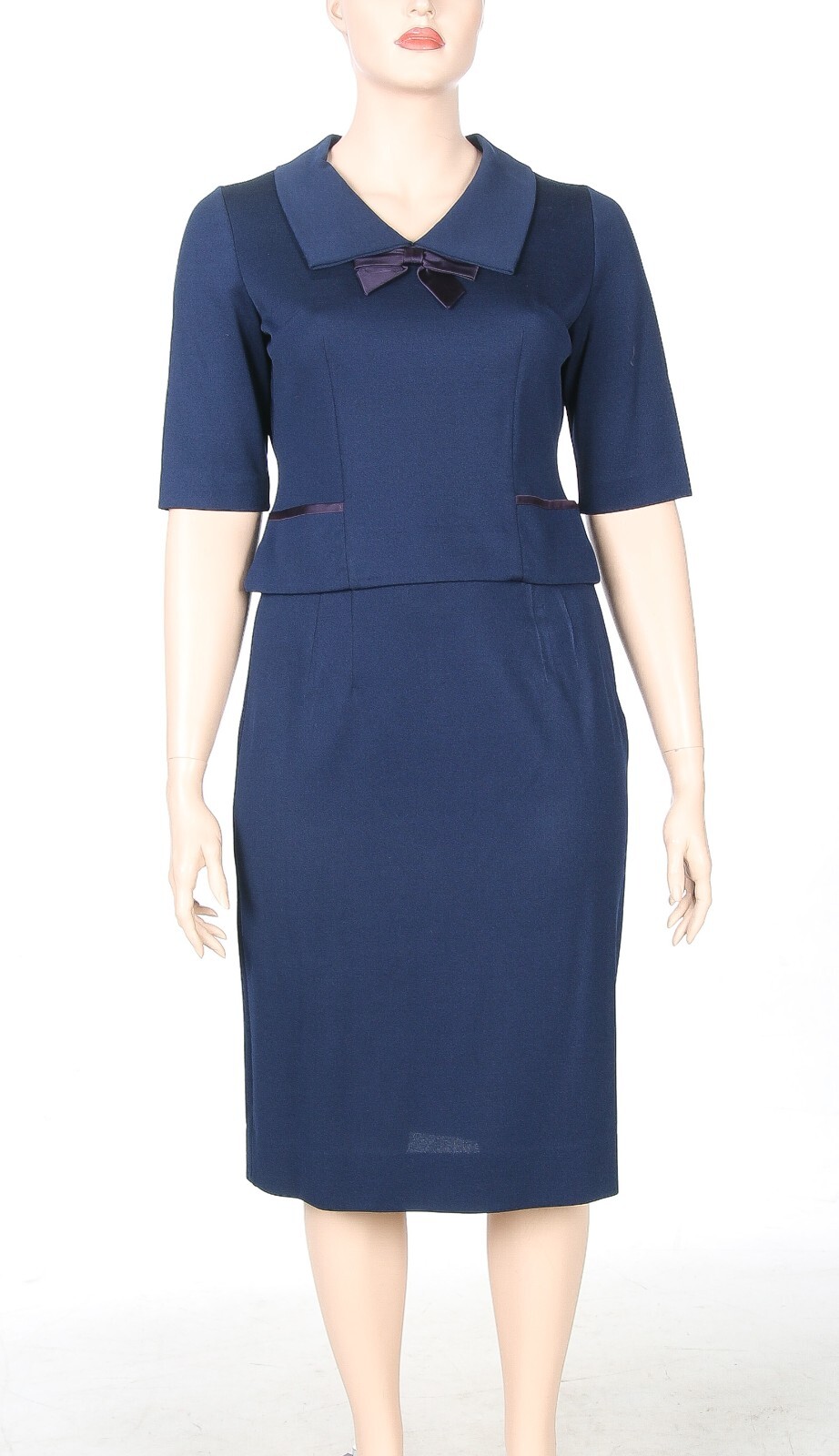 Leslie Pomer Vintage 1950s 60s Blue Collared 2 Piece Skirt & Top Set sz 16