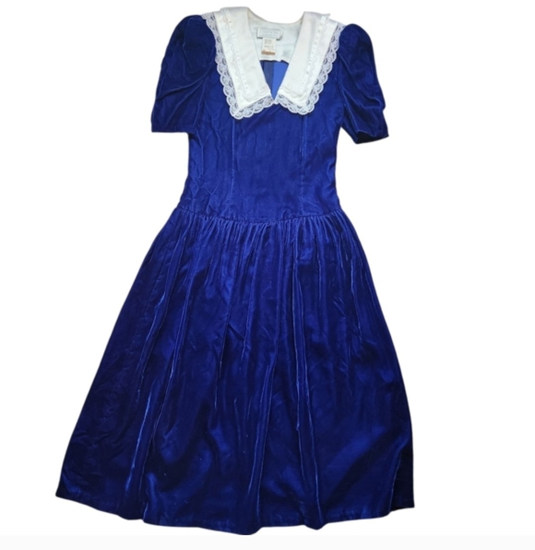 Vintage Gunne Sax By Jessica McClintock 70’s 80’s Dress Blue Velvet Size Small 5