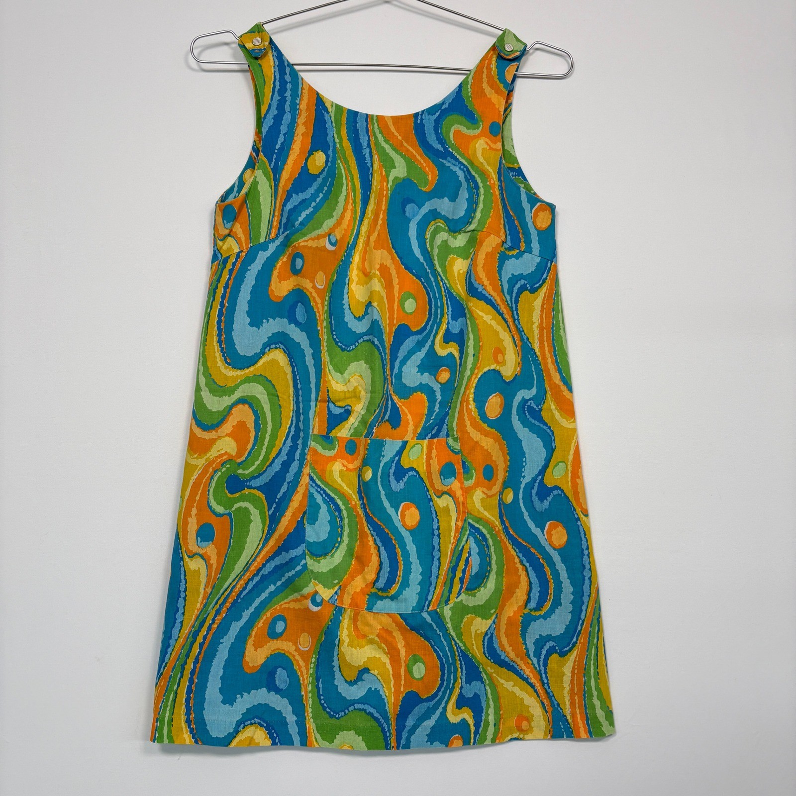Vintage Women Shift Dress S Multicolor Psychedelic Swirl Handmade 60s MCM Mod