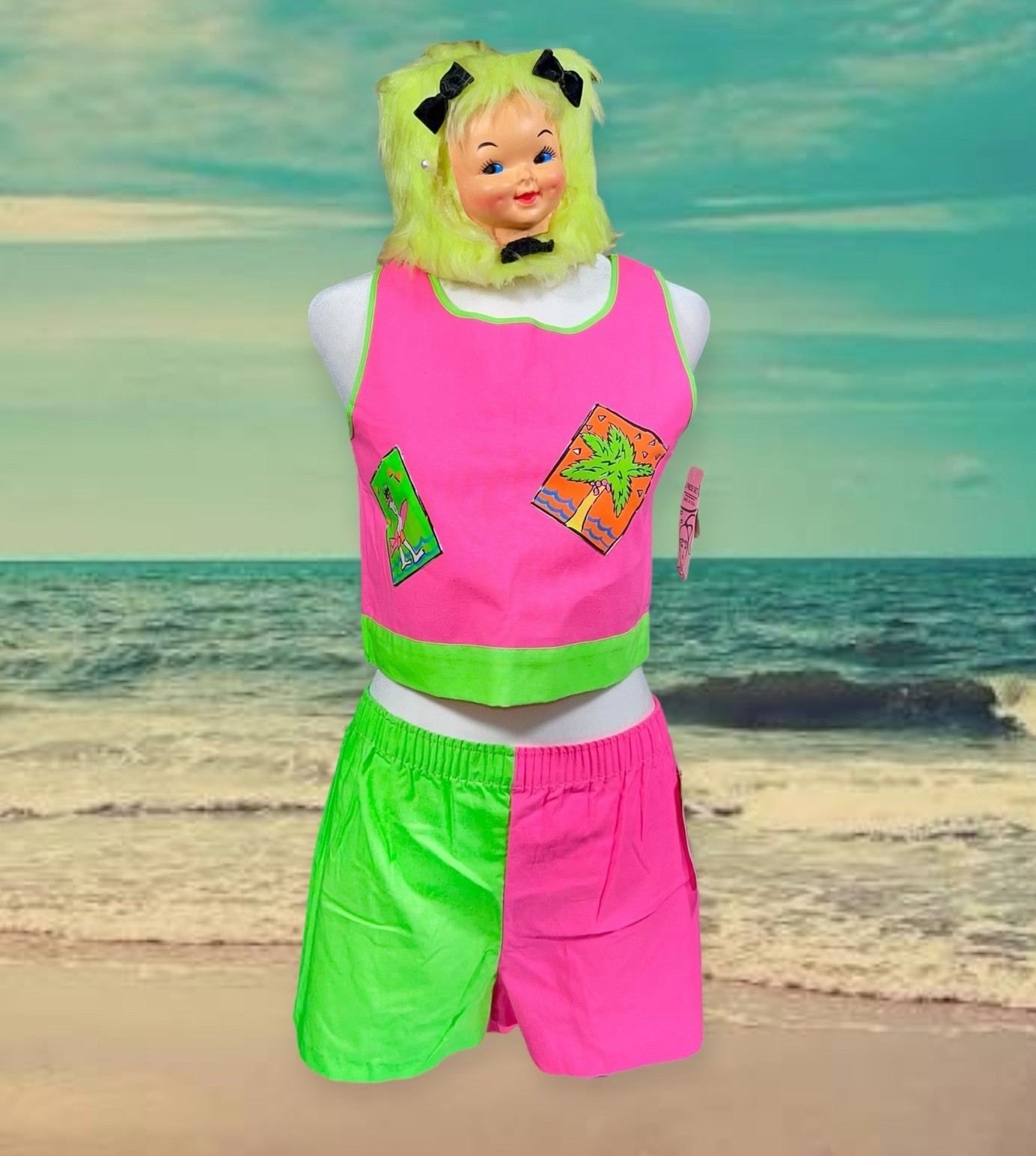 VTG 1980s NWT DEADSTOCK TANK TOP SHORTS SET JRS 12 NEW WAVE NEON SURFER BEACH