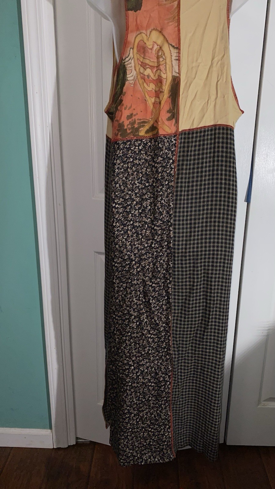 Vintage FAITH 90’s Boho Patchwork Sleeveless Dress L Rayon Art To Wear Maxi AA21