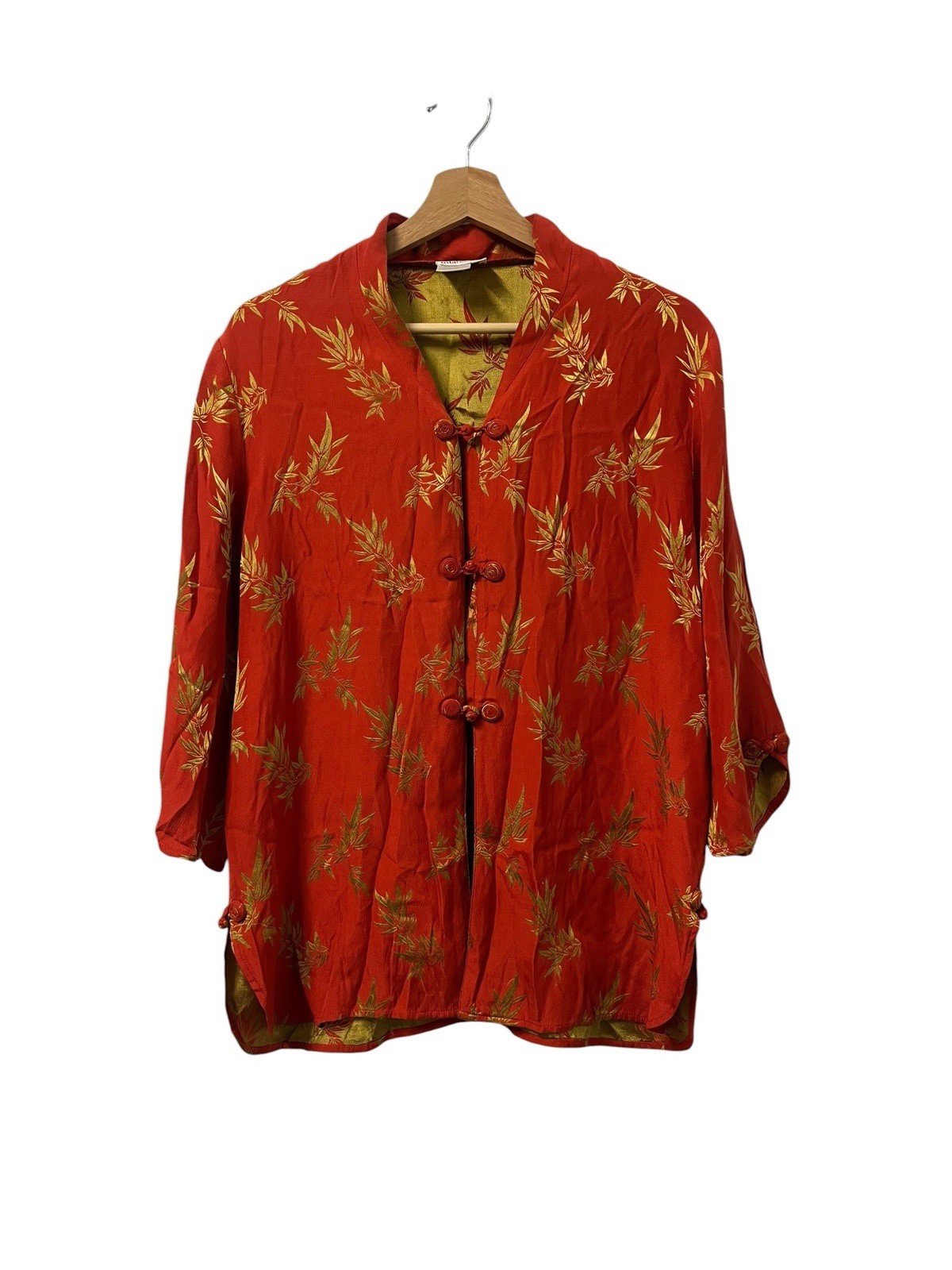 Vintage MFA Boston Silk Blouse Women’s L Orange Gold Frog Closure Asian Inspired