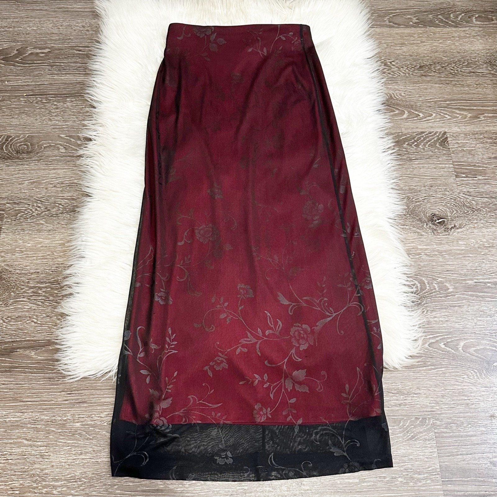 Vintage Womens Mesh Overlay 90s Maxi Skirt Floral Whimsigoth Fairy Grunge