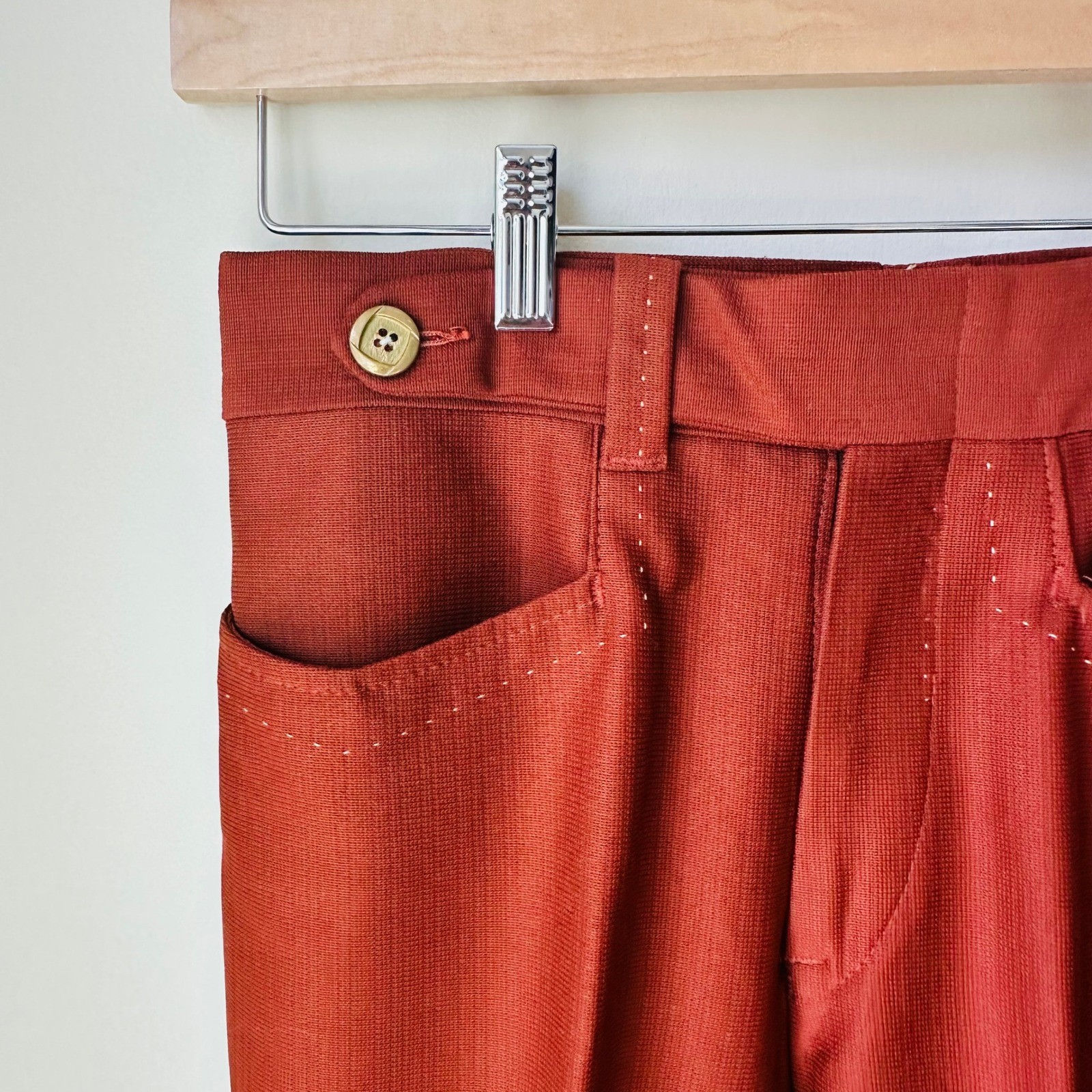 Vintage 70s Celanese Fortrel Wide Leg Trousers Rust Polyester High Rise Size 27
