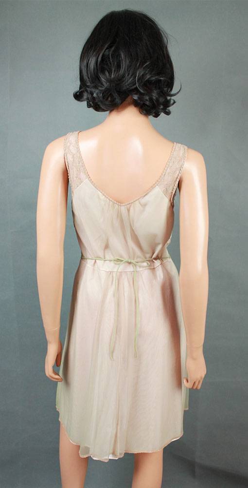 Vintage Peignoir Set Sz XS S Beige Lace Green Chiffon Pink Short Nightgown Robe