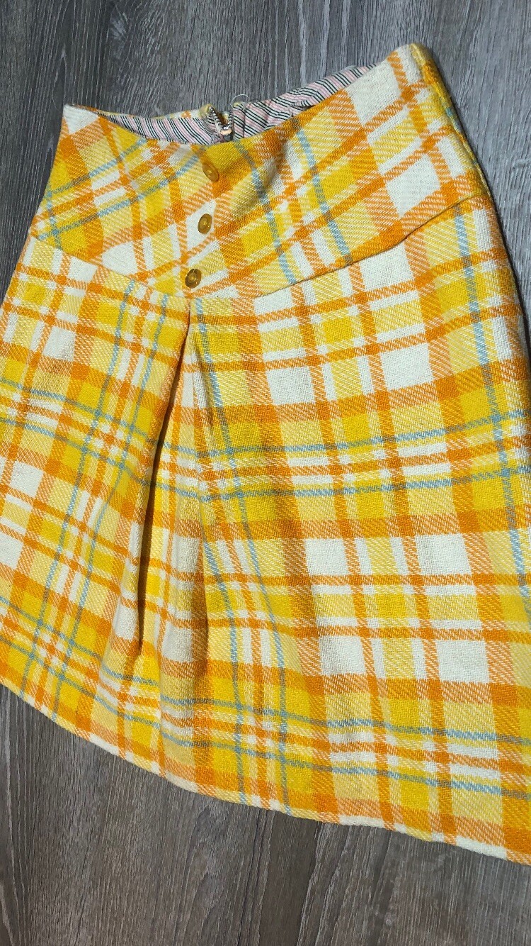 VTG 70’s Yellow Orange White Multi Wool Blend Plaid Preppy Mini Skirt~XS