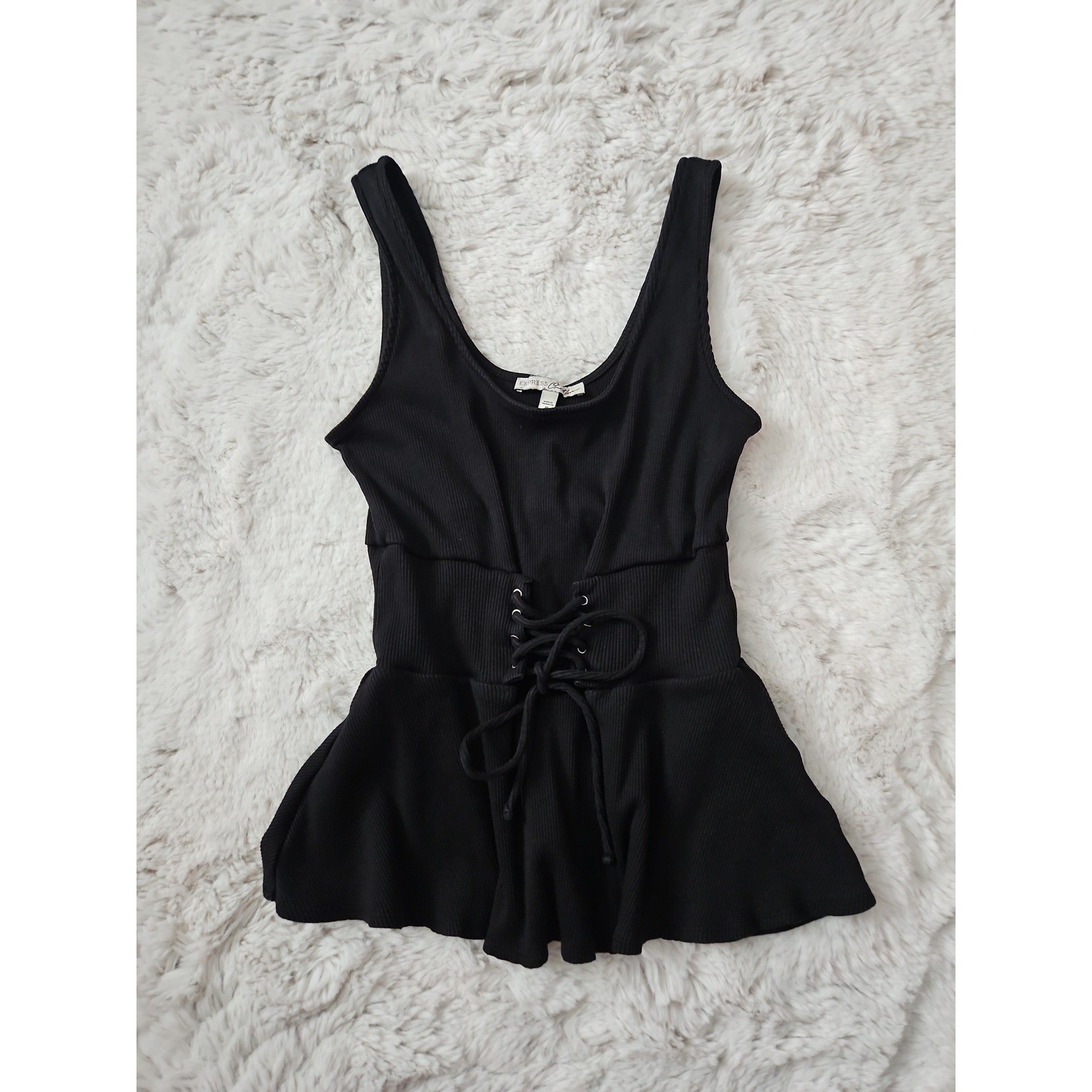 Y2K Aesthetic Corset Top Medium Black Peplum Lace Up Ribbed Grunge Streetwear
