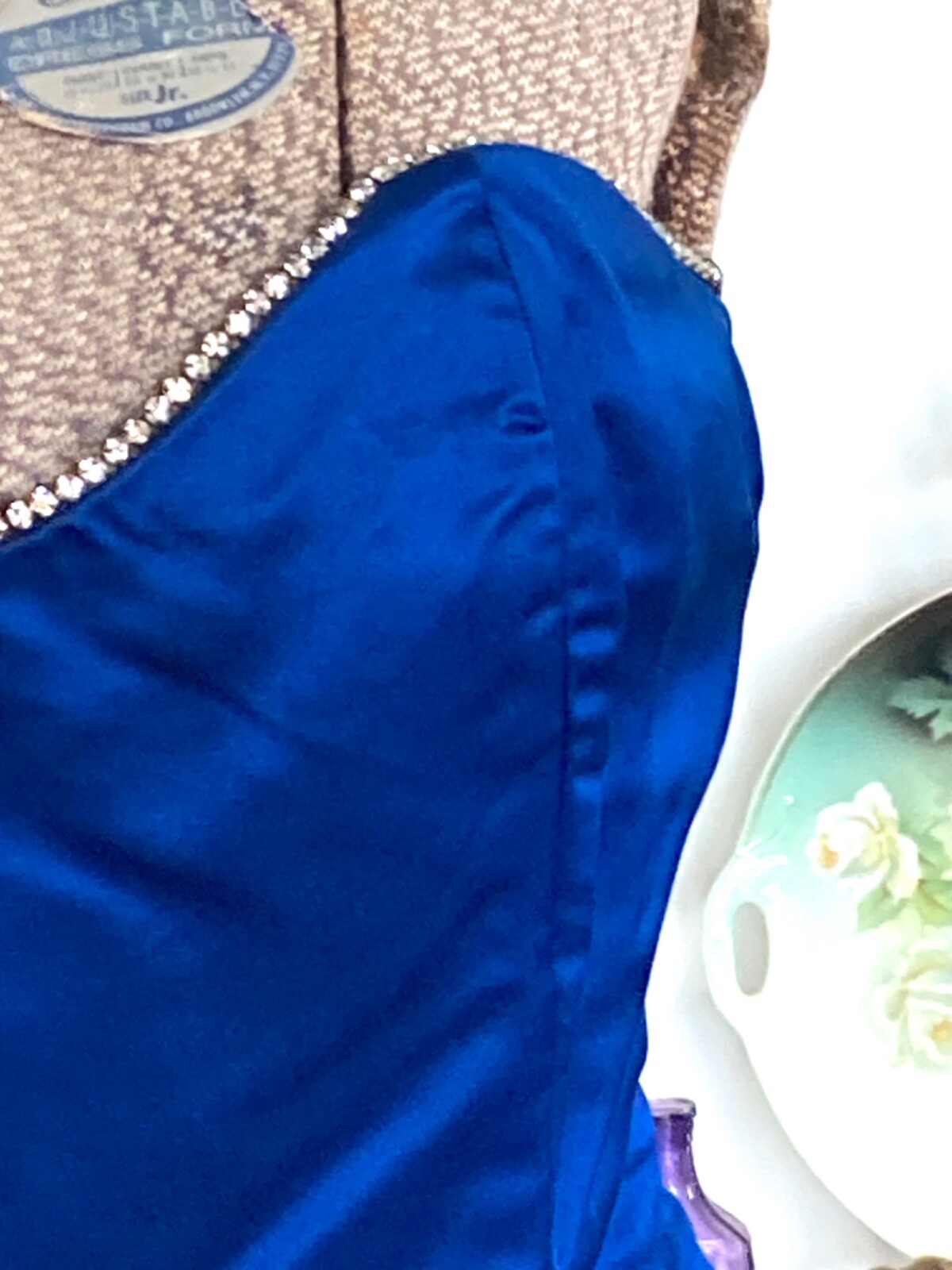 Vintage CACHE Peacock Blue Silk Bubble COCKTAIL Dress Rhinestones Strapless 36