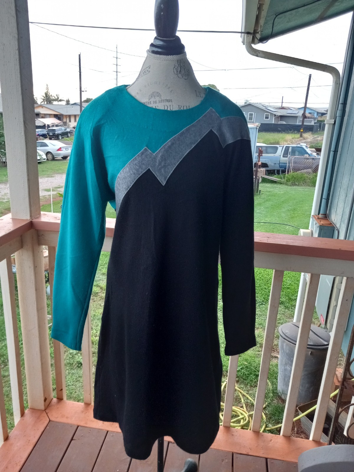 Vntg 80’s Miss Dorby Womens Knit Lightening Bolt Dress Green/black/gray Sz Lg