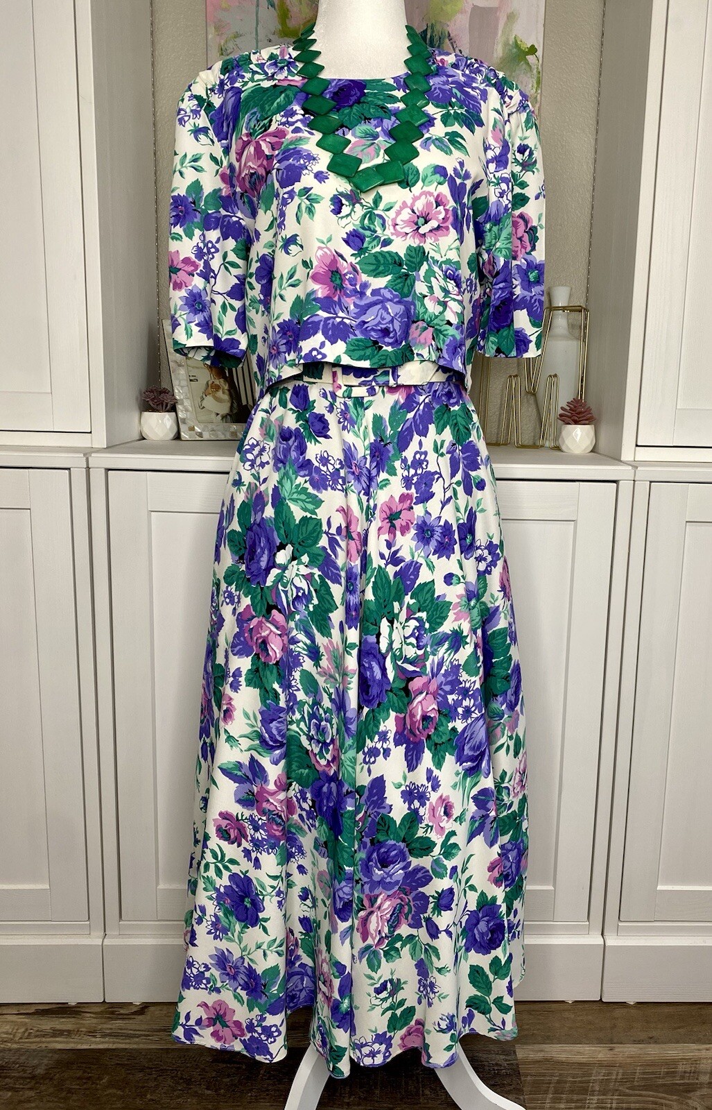 1980s ED Michaels Belted Illusion Floral Rayon Dress Easter Spring Size 7/8