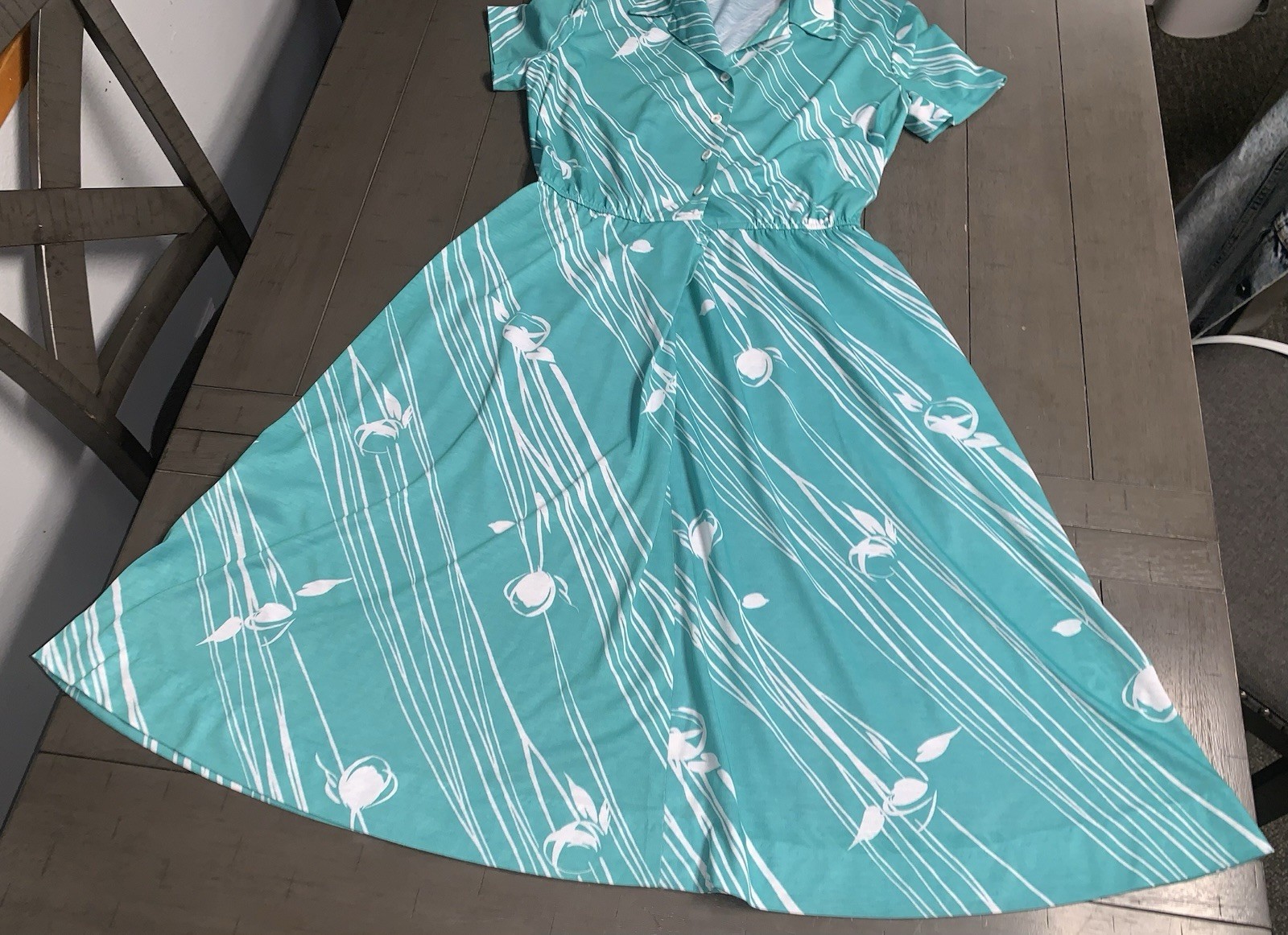 A7 VTG 80s R&K ORIGINALS TROPICAL FLORAL AQUA/WHITE SHIRT DRESS 7/8 ROCKABILLY