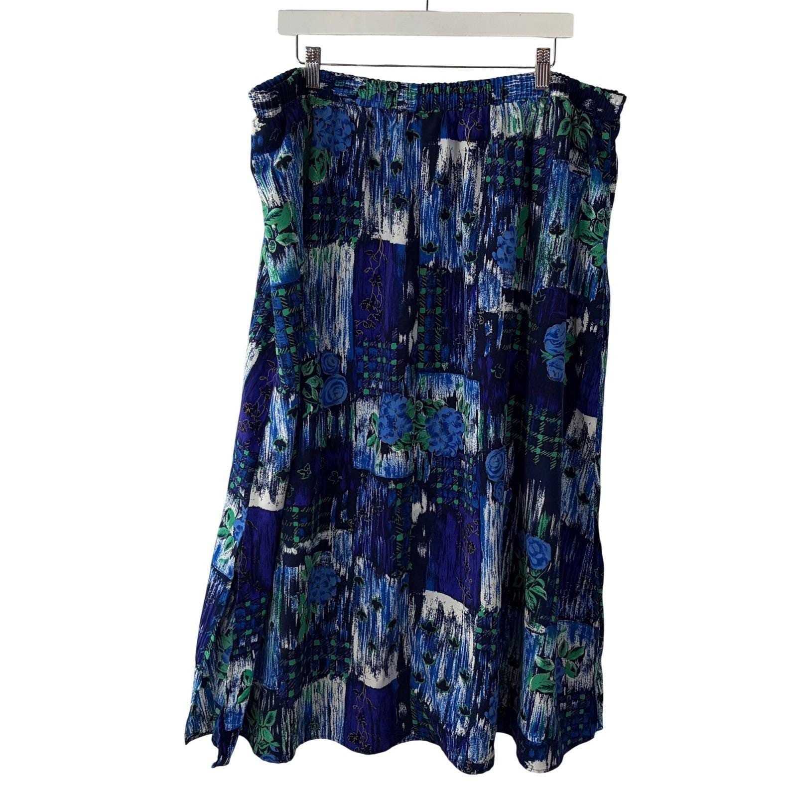 Kensington Square Vintage Blue Green Floral Abstract Midi Skirt Elastic Waist