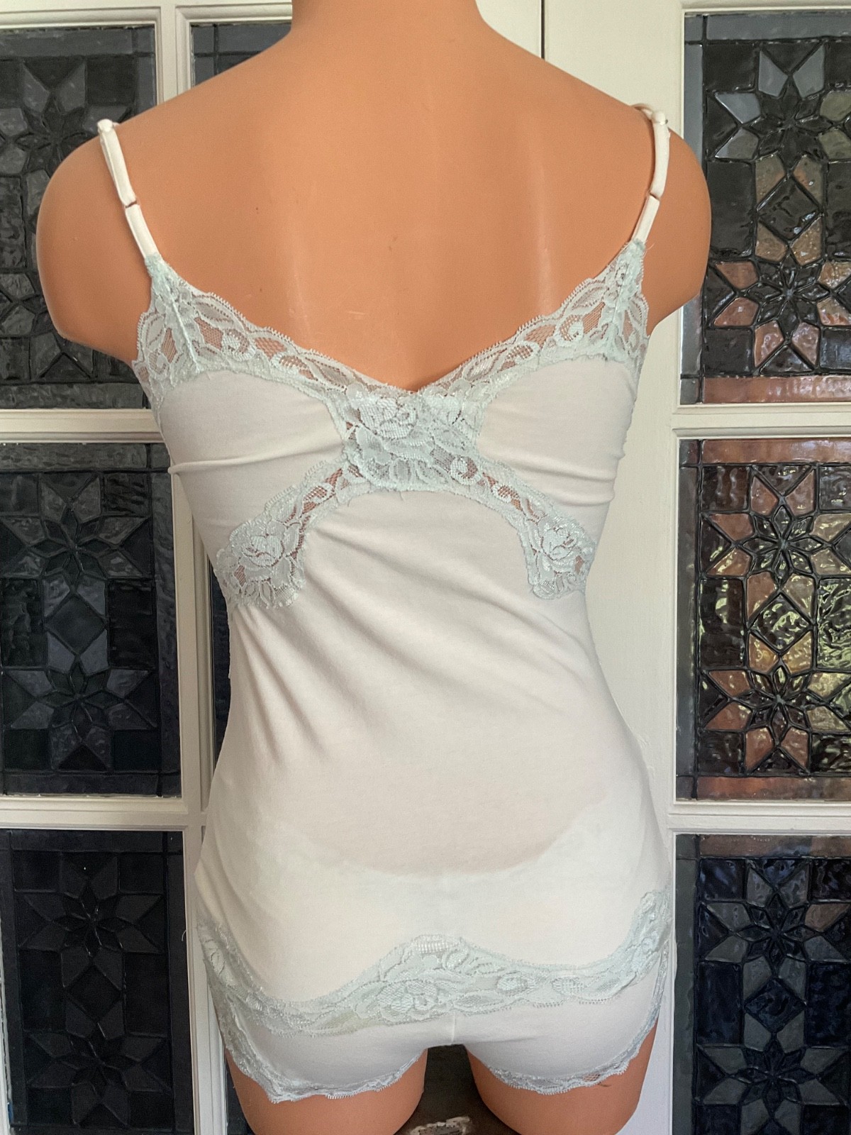 Vintage Pajama Set Cami Top / Boy Shorts Blue Lace Inserts Size Small