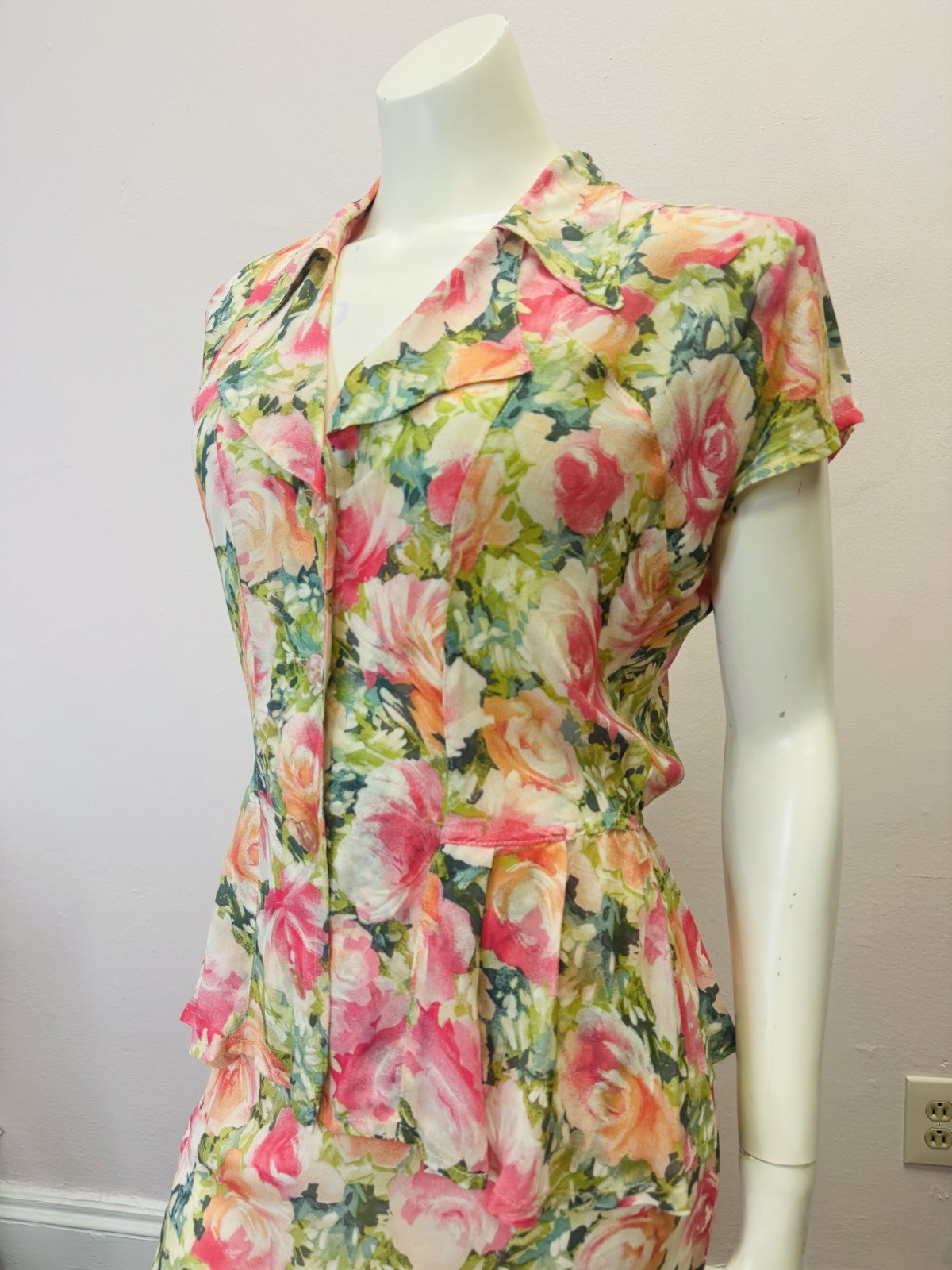 VTG Multicolor floral peplum Skirt & Top Set Nanny wedding designer alexander M