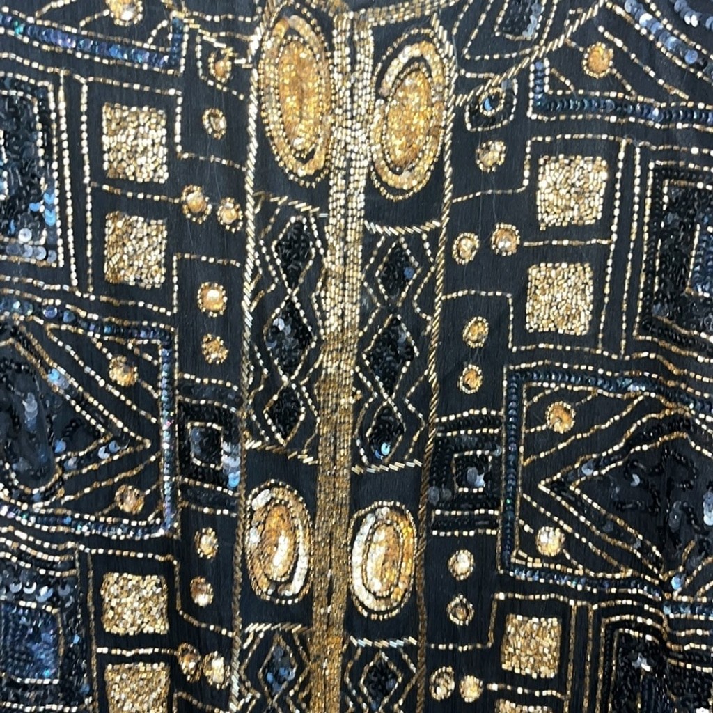 Vintage black and gold geometric beaded fancy silk formal evening jacket 1X