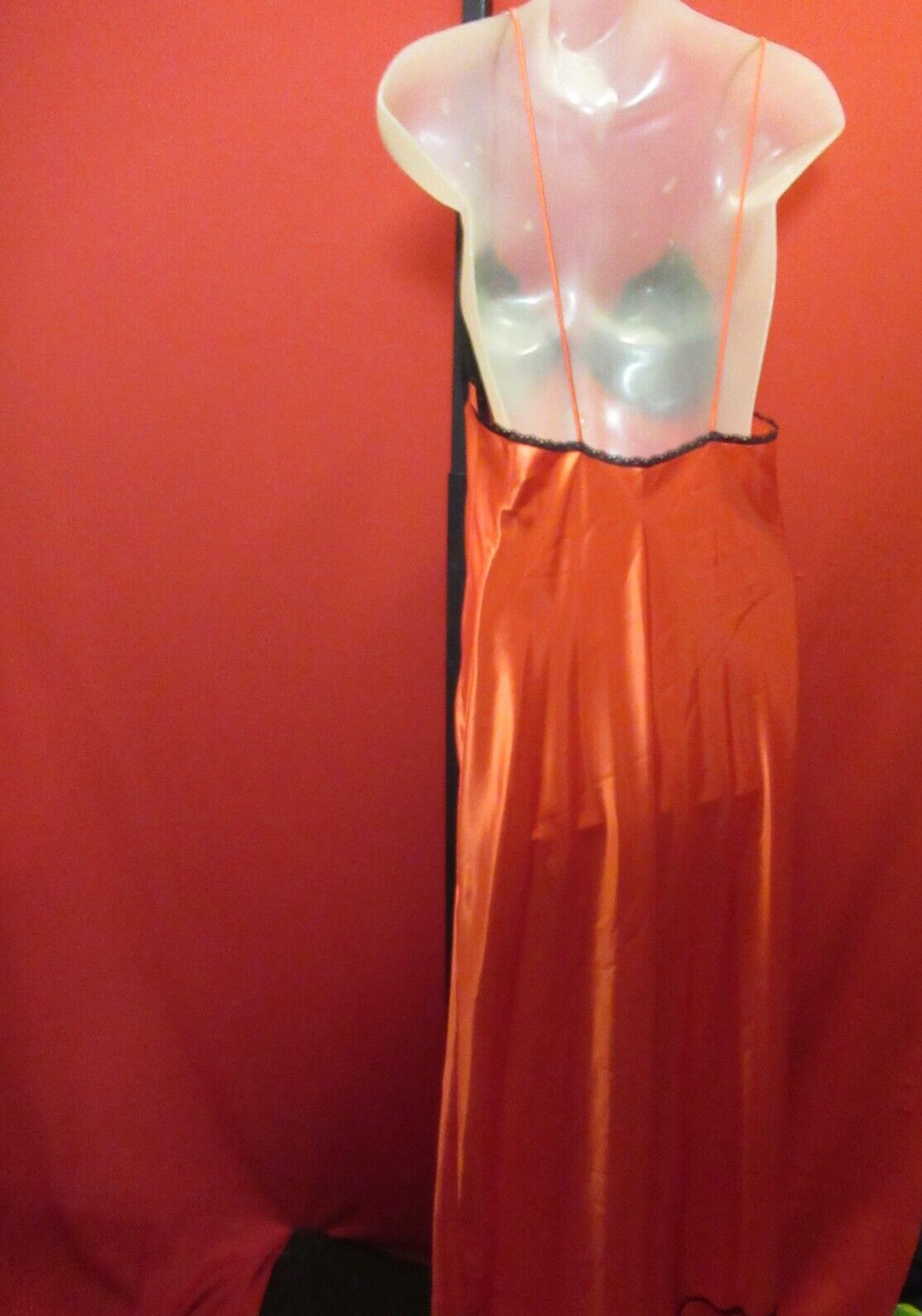 JENELLE Vintage 70’s Red Hot Sexy Silky Nightgown Lingerie Small Black Lace Trim