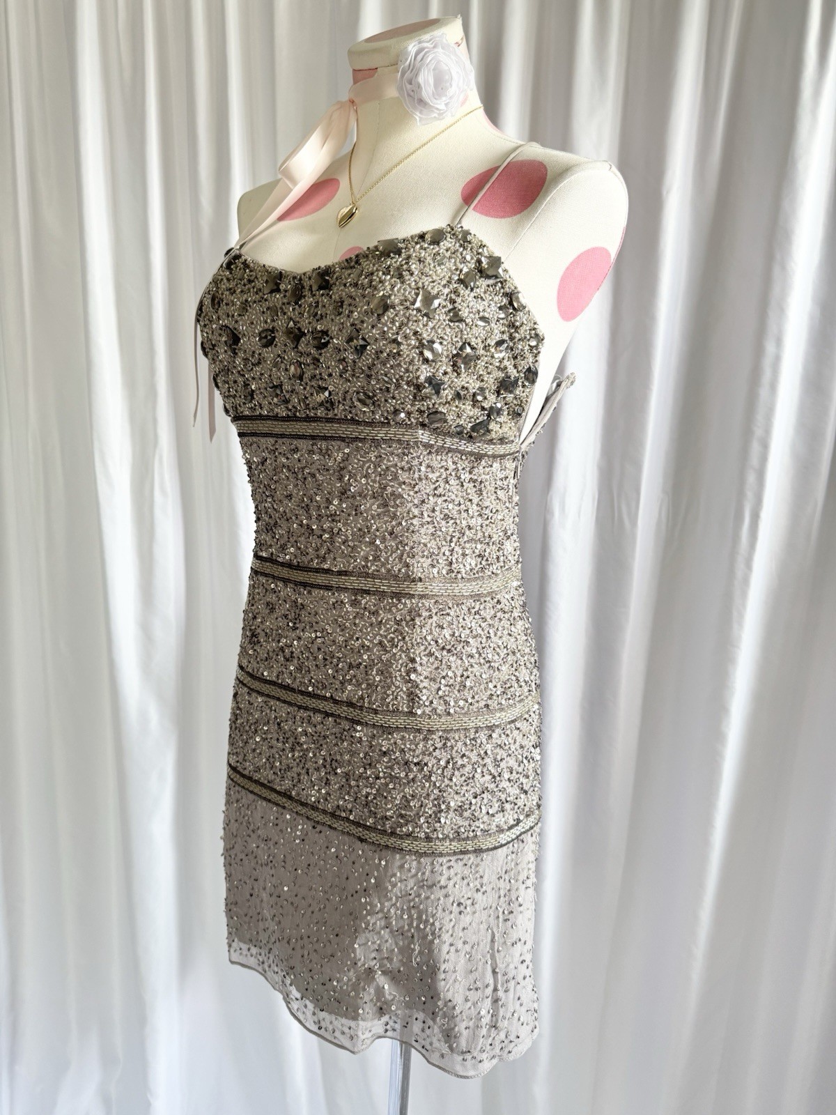 Vintage Y2K Silver Beaded Silk Sequin Gem Party Princess Mini Dress Grey Size S
