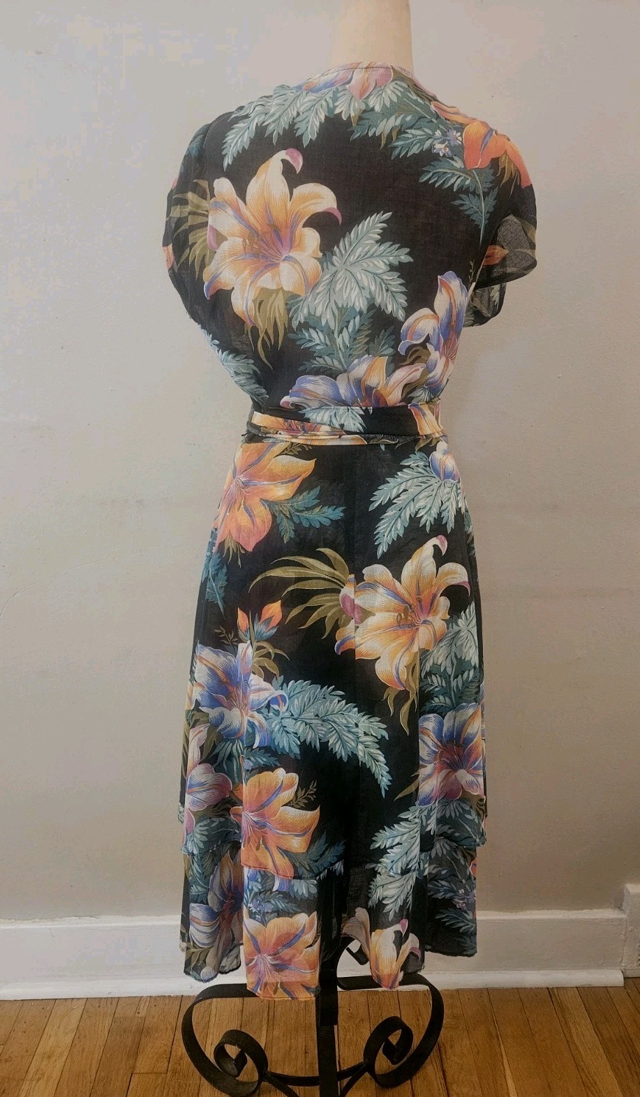 Vintage 1940s Cotton Voile Hawaiian Floral Black Tiered Wrap Dress