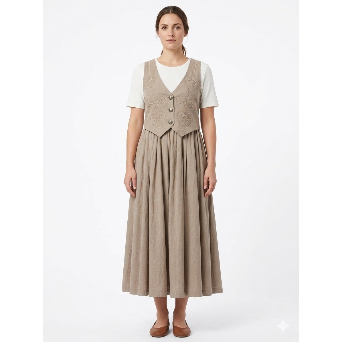 Enge Collection Vintage Tan Vest Layered Midi Dress Size 8 Made in USA Soutache