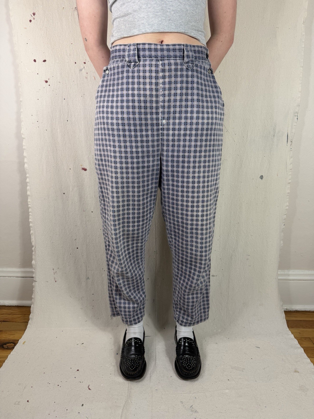 Vintage 50s Plaid Pants Side Zip 29” Trousers Pearl Snap Rockabilly