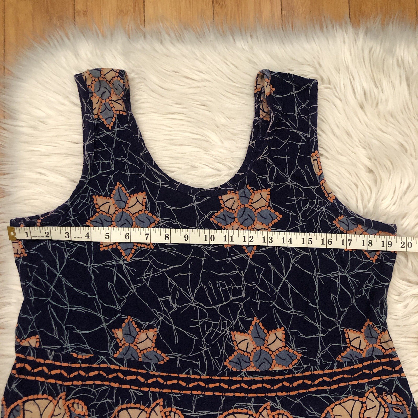 Vintage Tribal Animal Floral Novelty Prints Sleeveless Navy Orange Maxi Dress L
