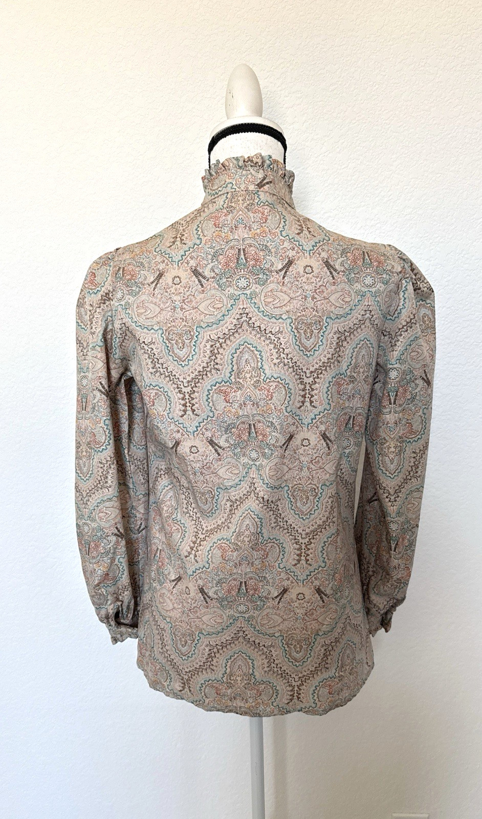1970s 1980s Silky High Neck Ruffle Collar and Cuff Blouse