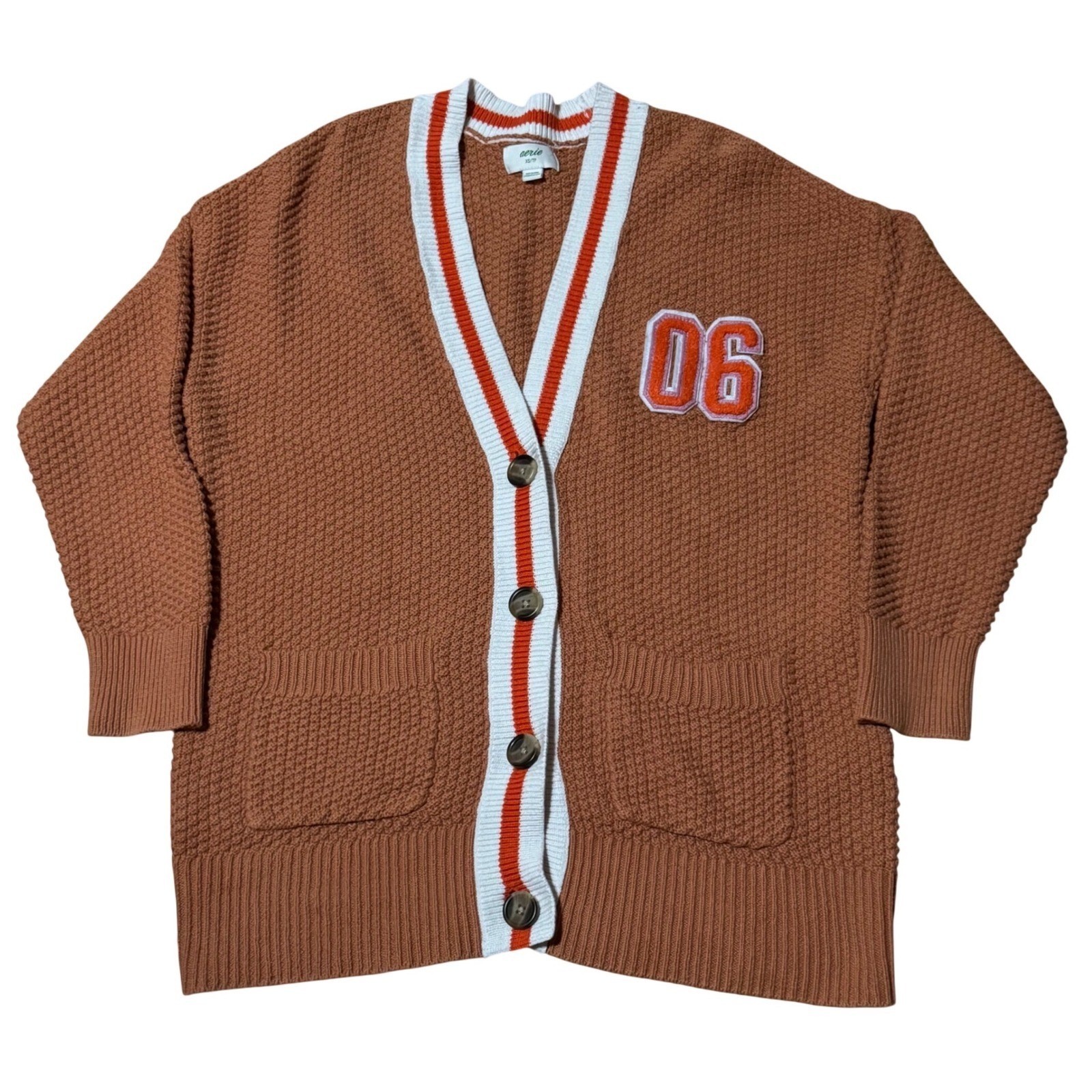 Aerie Rust Orange Knit Cardigan Varsity Style Patch XS Oversized Cotton
